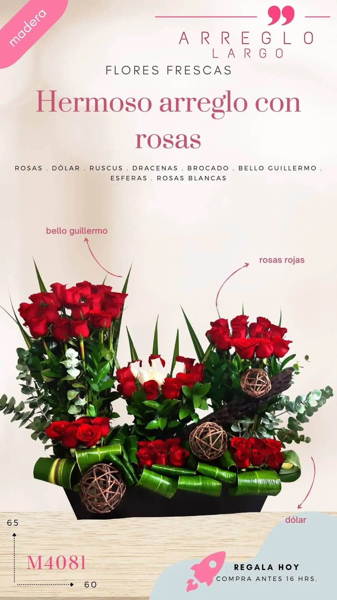 Arreglo 63 Rosas Topiarios Rojo y Blanco CDMX