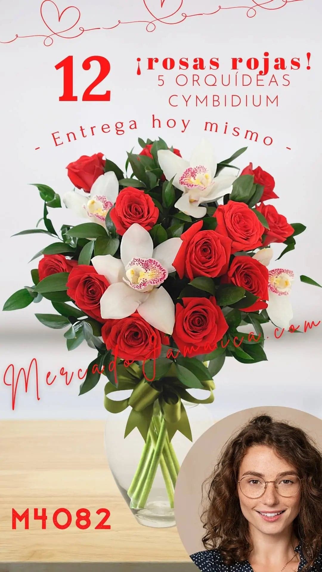 12 Rosas Rojas y 5 Orquídeas Cymbidium CDMX