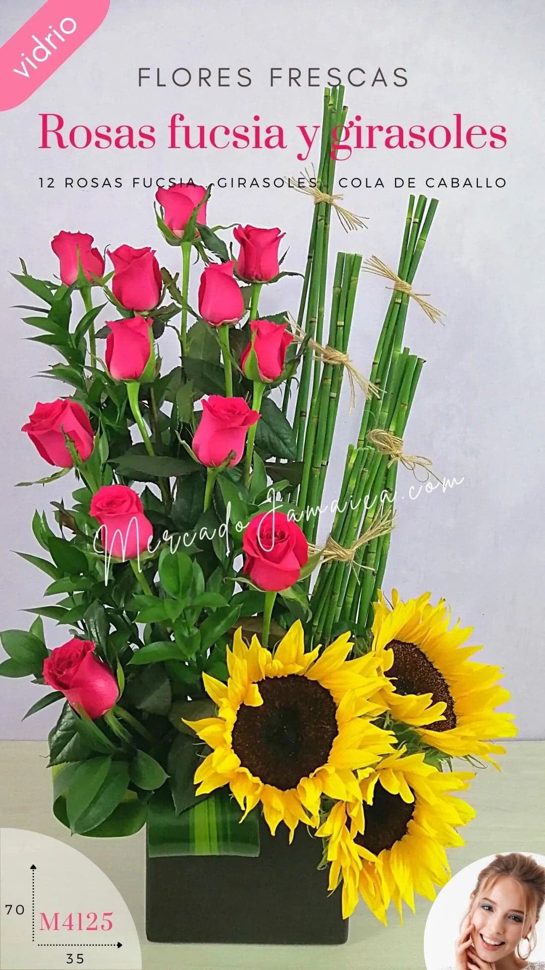 Arreglo 12 Rosas Fucsia y Girasoles CDMX
