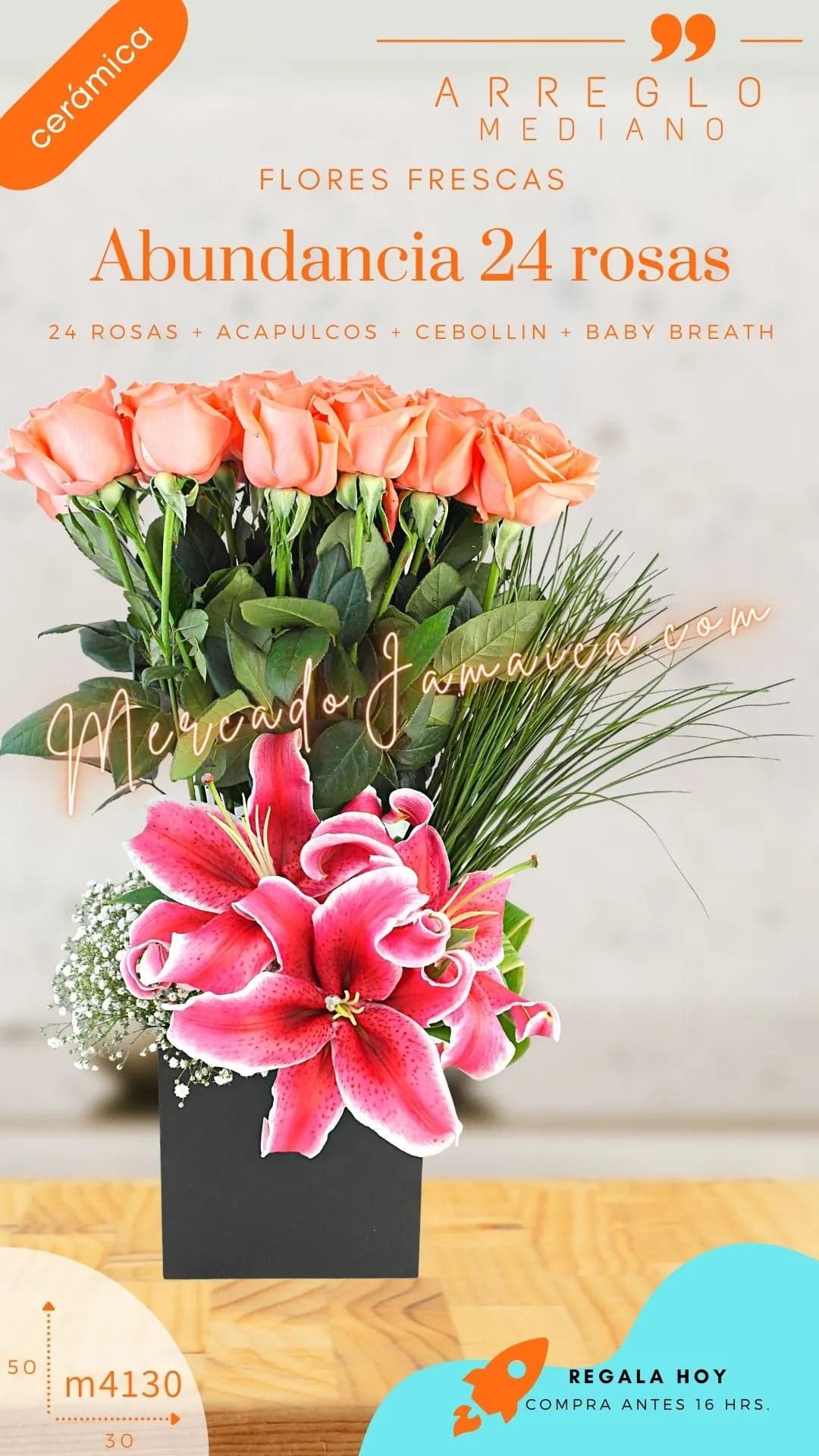24 Rosas Naranja con Base Cerámica · CDMX