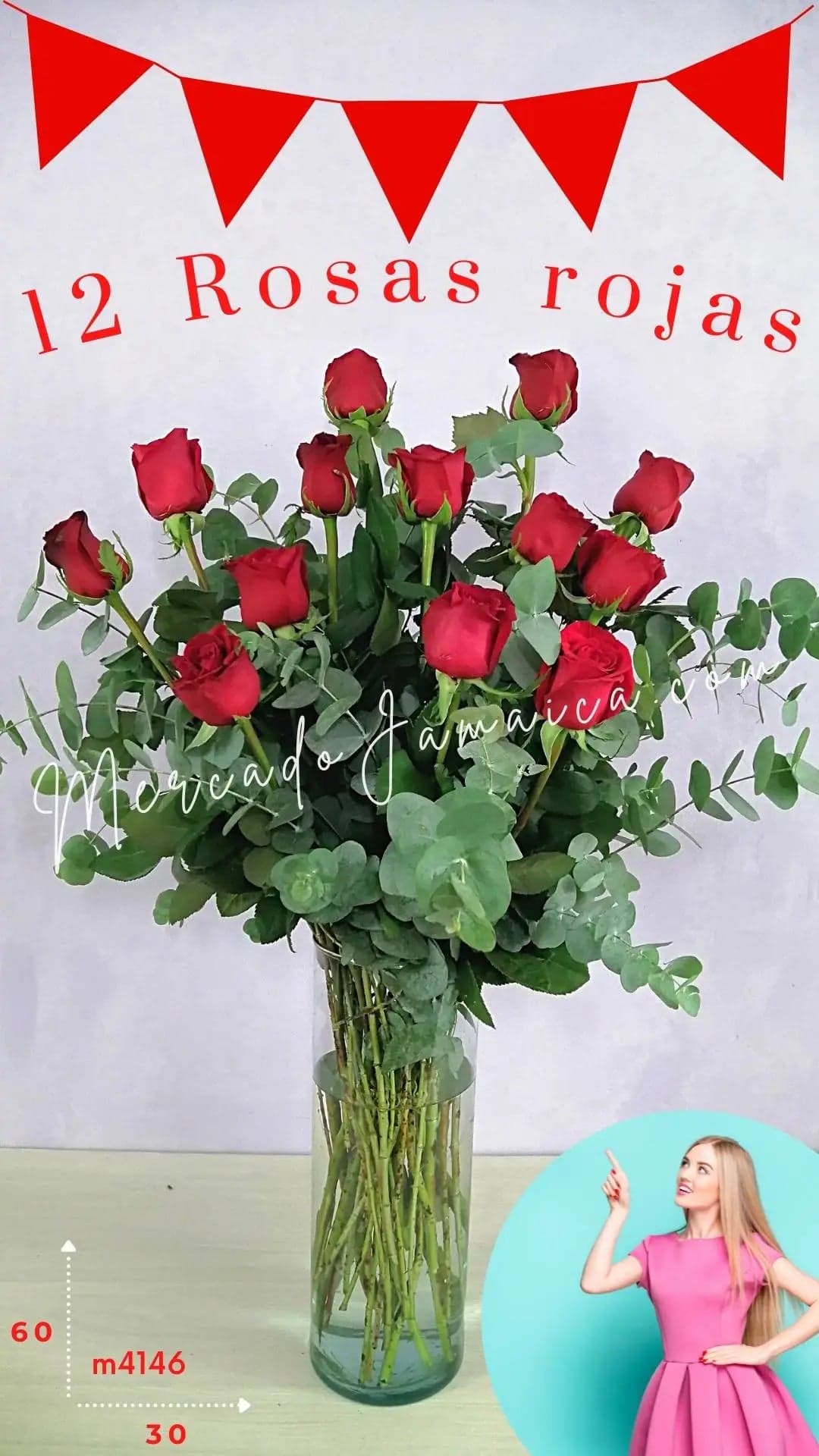 12 Rosas Rojas en Florero · Entrega CDMX