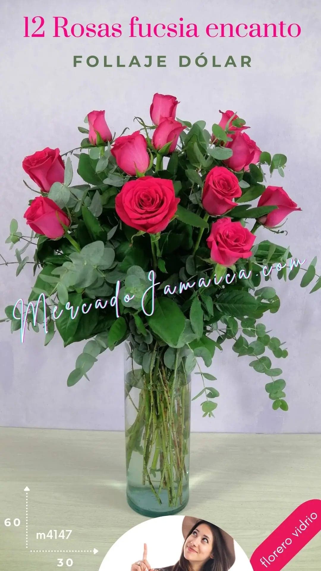 12 Rosas Fucsia en Florero | Entrega CDMX
