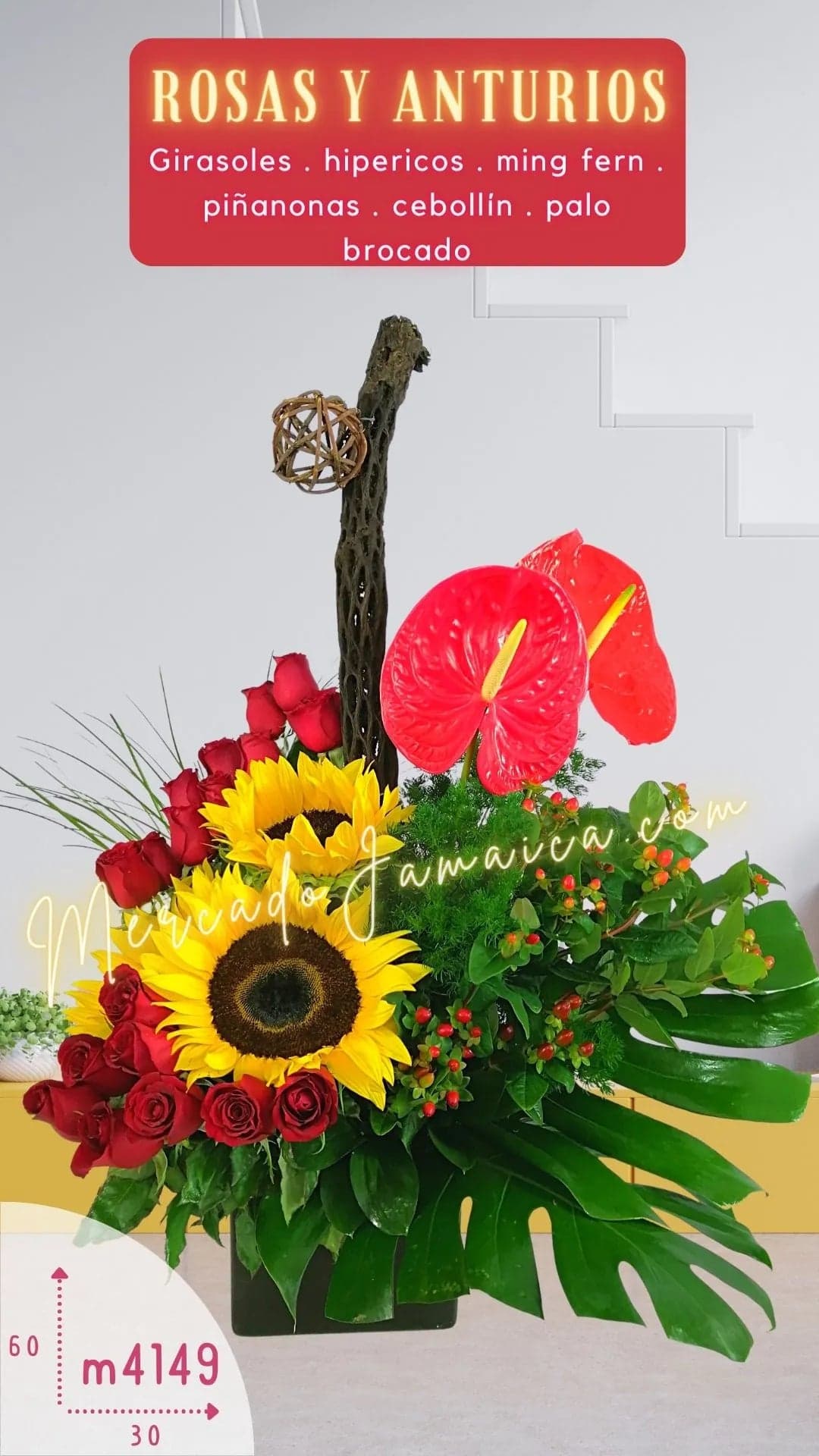 Arreglo 18 Rosas, Girasoles y Anturios Rojos CDMX