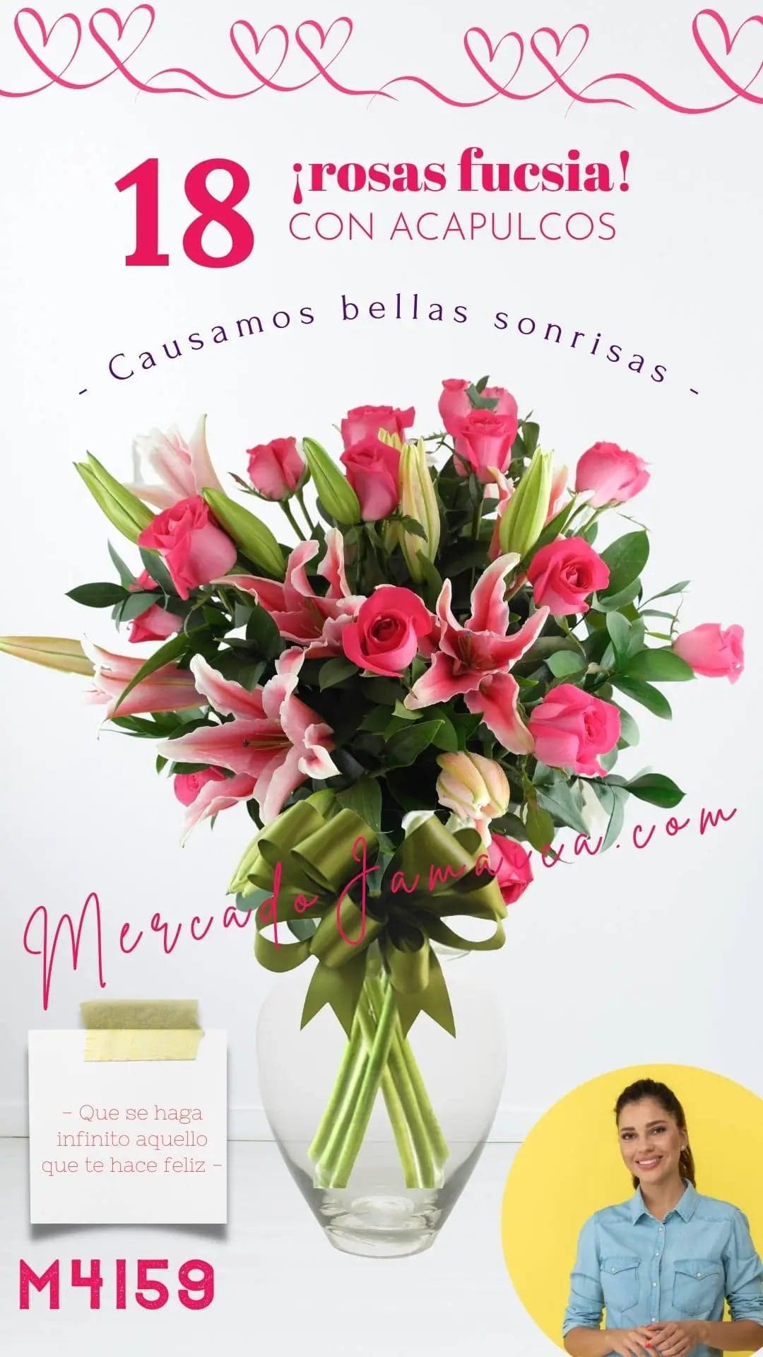 18 Rosas Fucsia con Acapulcos en Florero CDMX