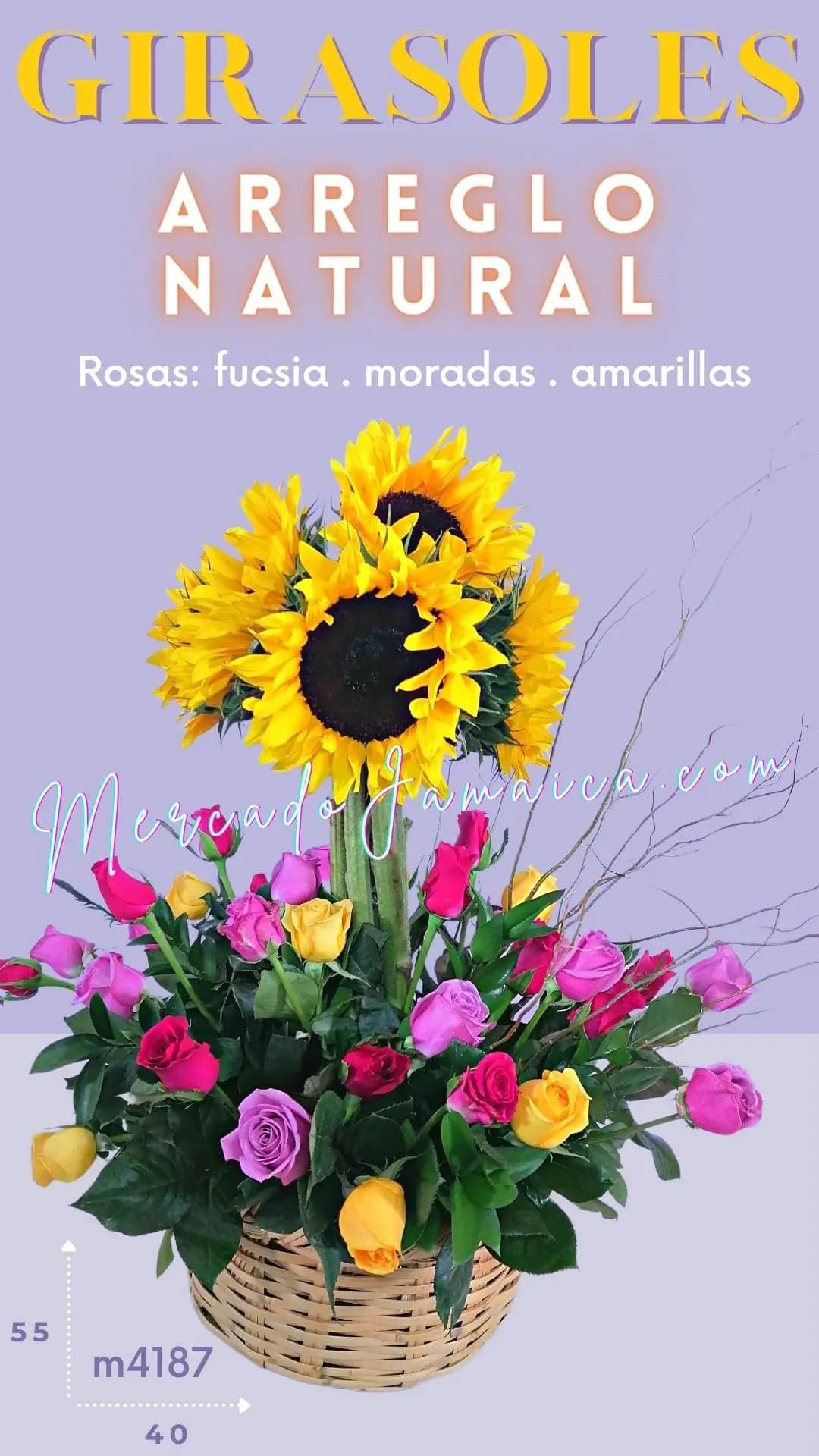 Canasta Girasoles y Rosas Fucsia, Amarillas, Moradas CDMX