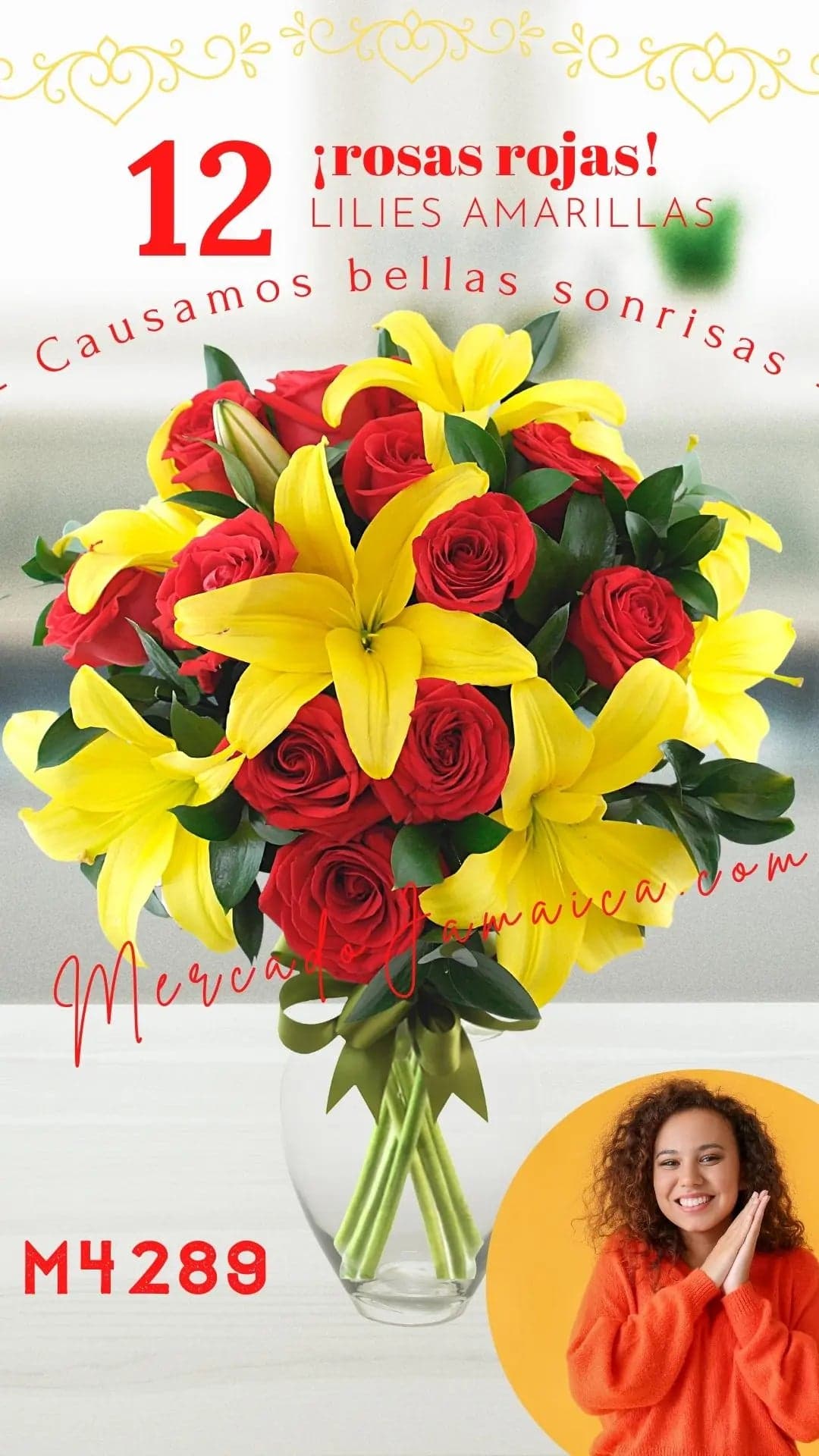 12 Rosas Rojas con Lilies Naranja en Florero CDMX