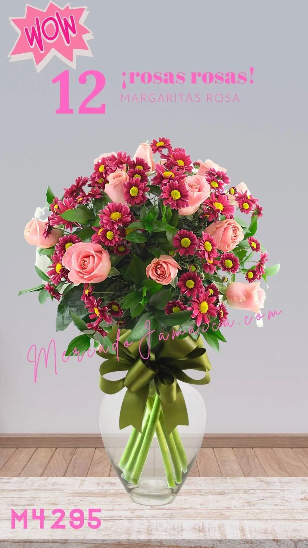 12 Rosas y Margaritas Rosa en Florero | CDMX