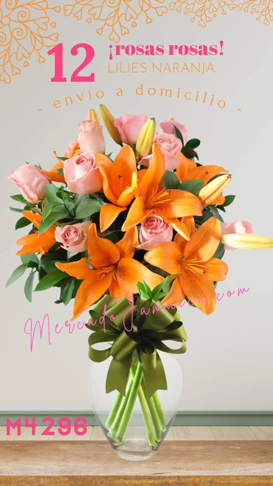 12 Rosas Rosa y Lilies Amarillas en Florero CDMX