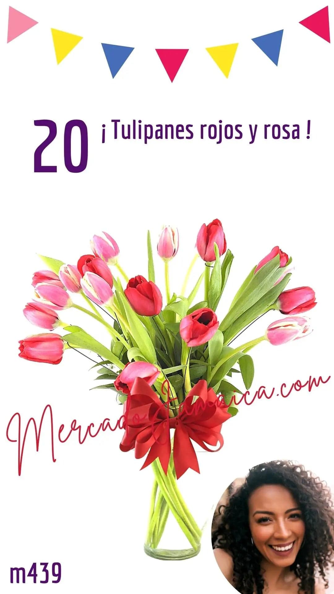 20 Tulipanes Picasso Rosa y Rojo en Florero CDMX