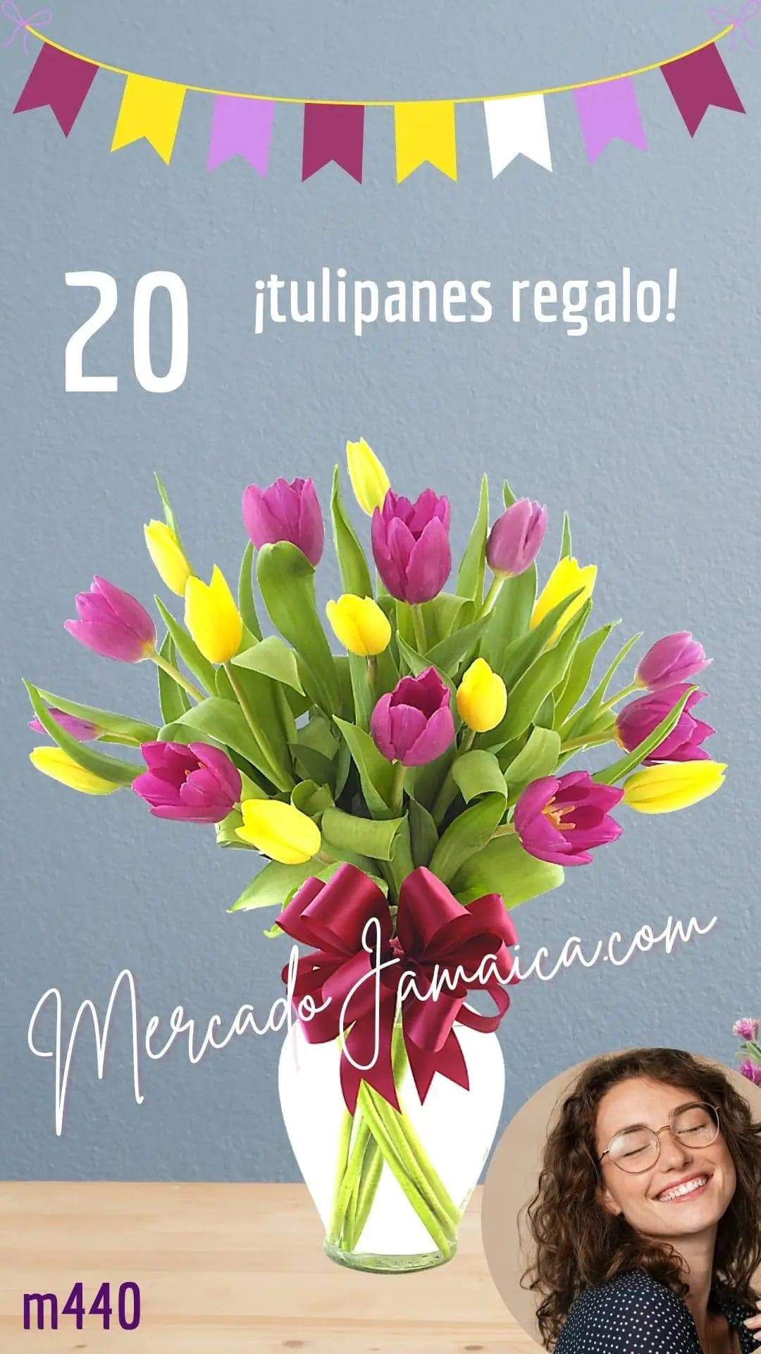 20 Tulipanes Morados y Amarillos en Florero CDMX