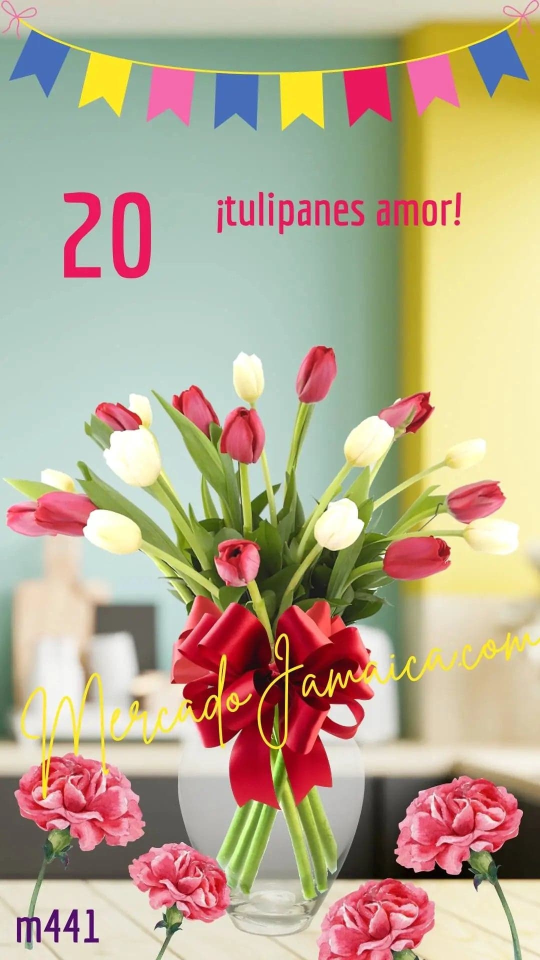 20 Tulipanes Rojo y Blanco en Jarrón · CDMX
