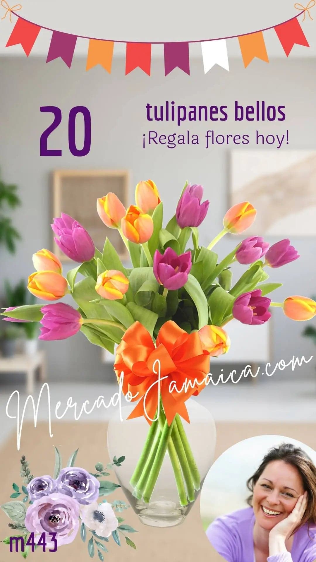 20 Tulipanes Morado y Naranja en Jarrón CDMX