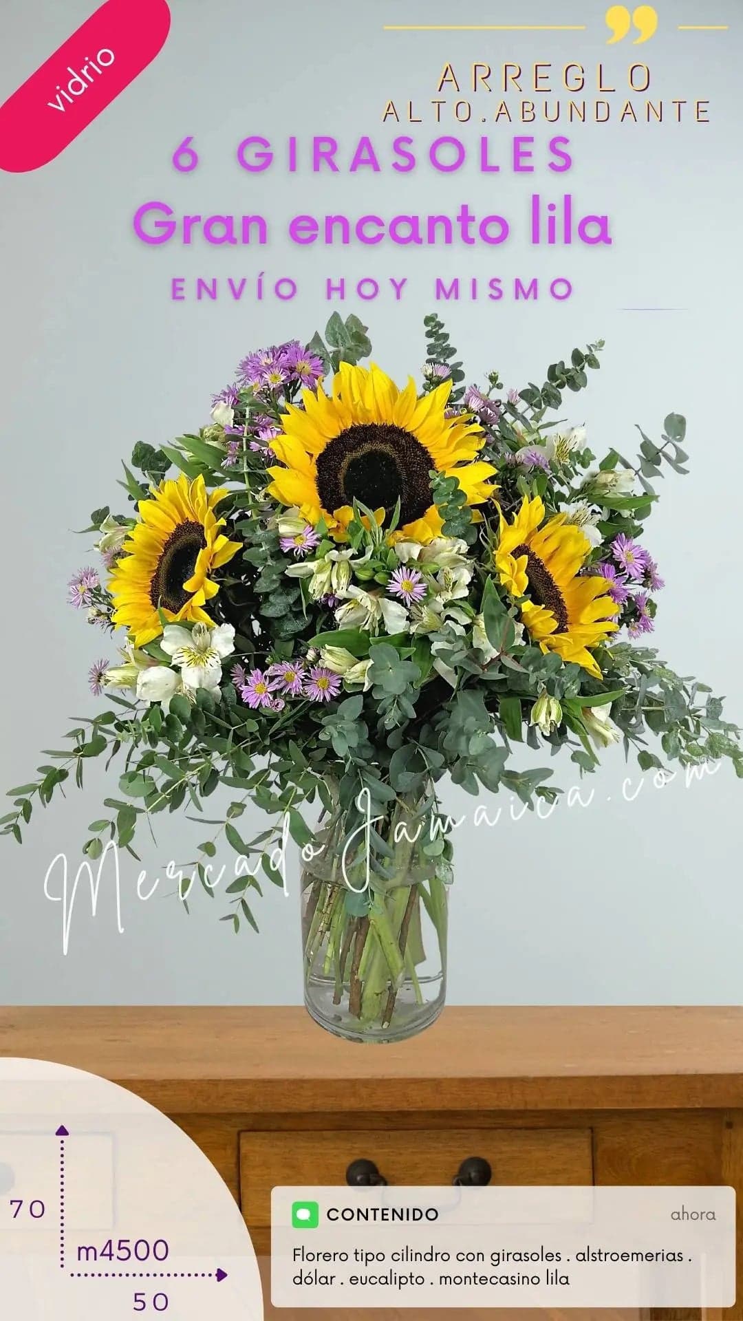 6 Girasoles en Florero Lila con Alstroemerias CDMX