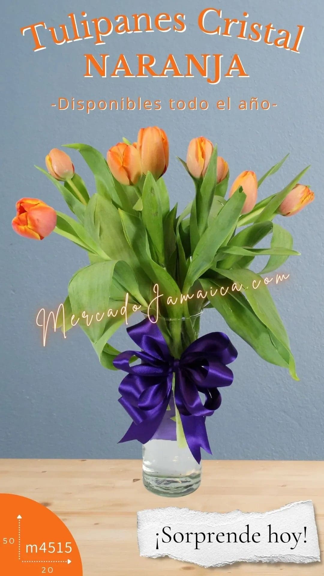 10 Tulipanes Naranja en Florero de Cristal CDMX