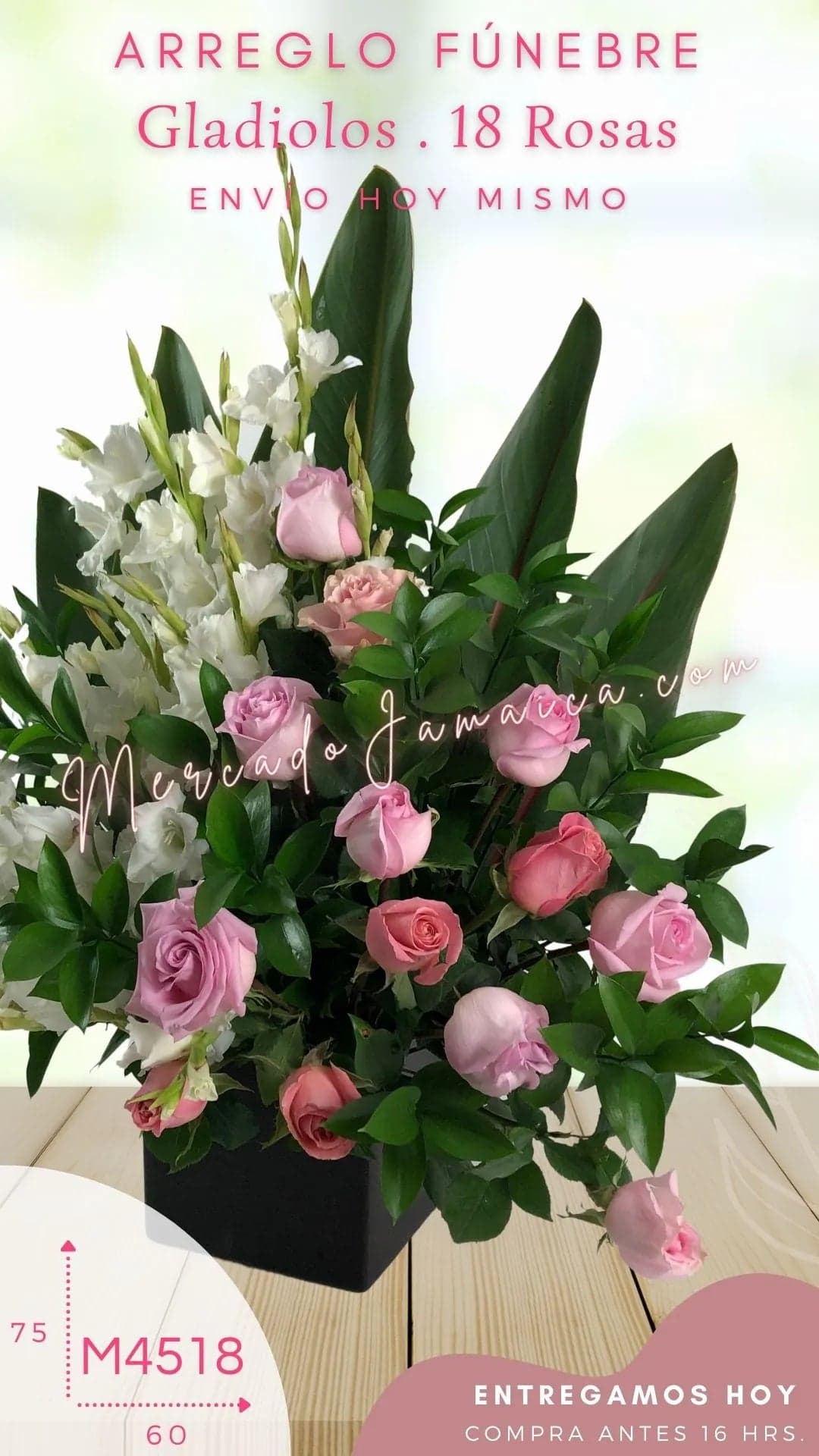 Arreglo Fúnebre Gladiolas y 18 Rosas Rosa CDMX