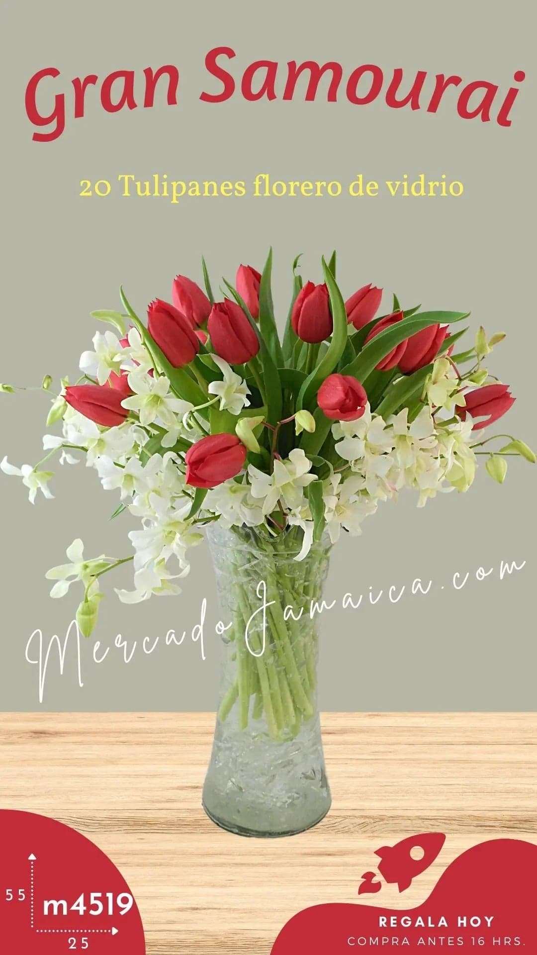 20 Tulipanes Rojos y Orquídeas Gran Samourai CDMX