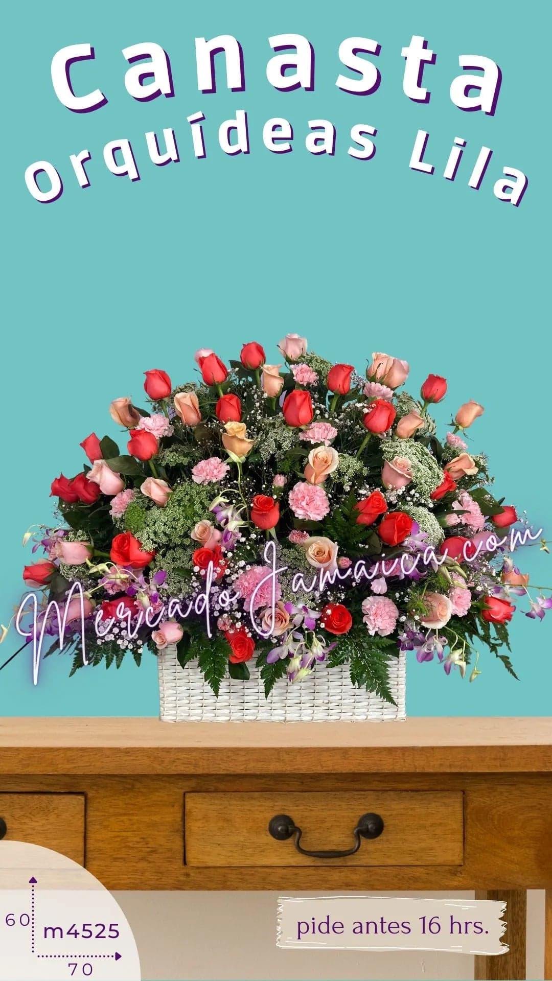Canasta 24 Rosas Naranja y Orquídeas Lila CDMX