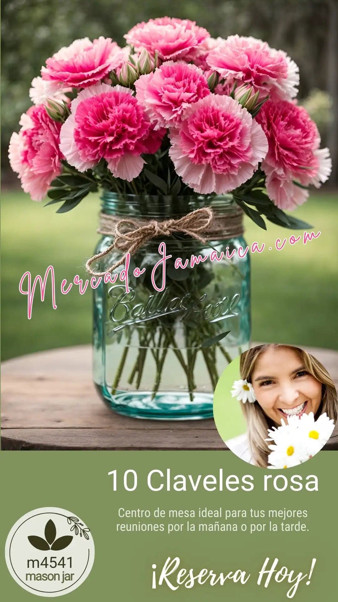 Centro de Mesa Mason Jar con Claveles Rosa