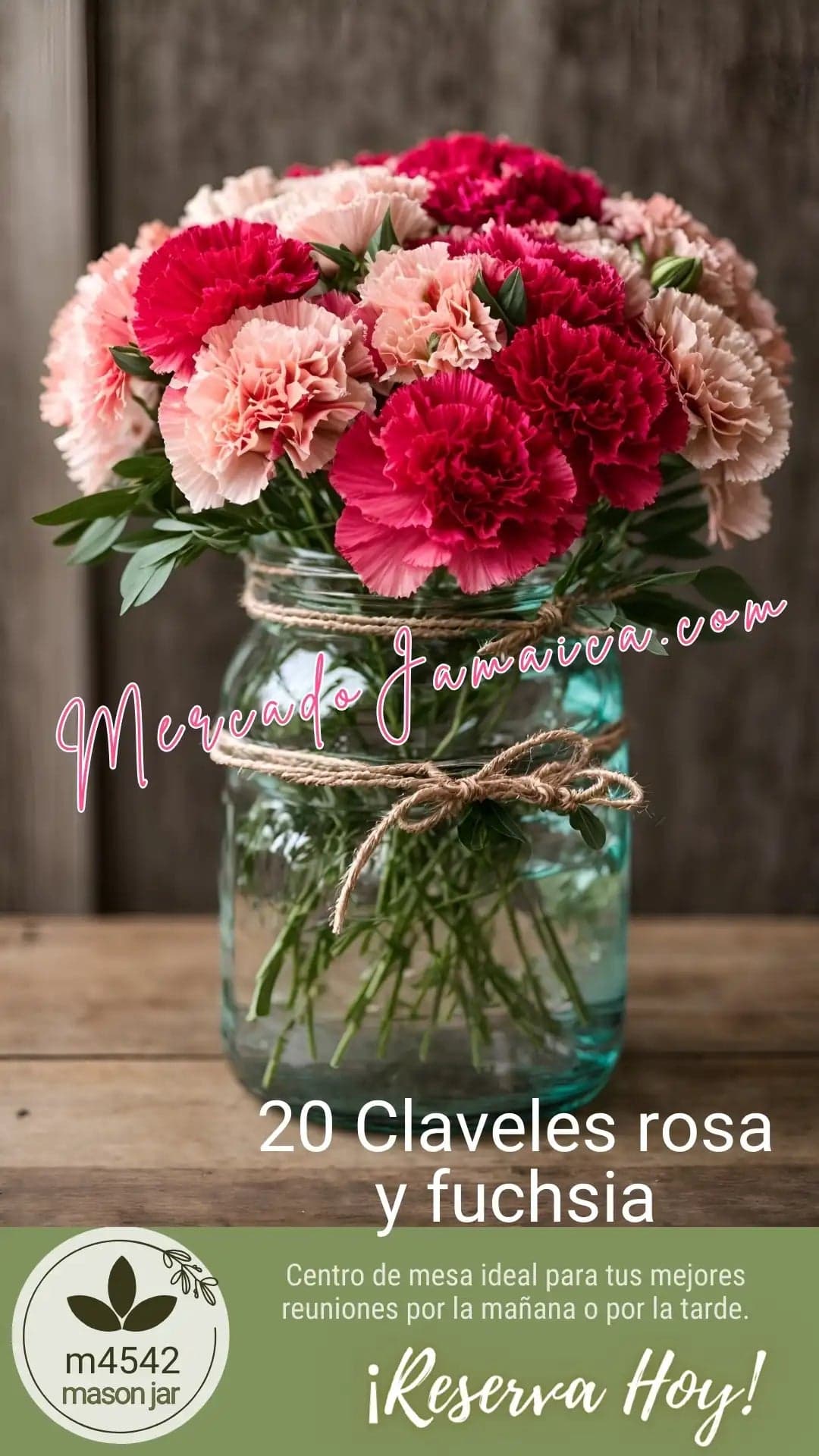 Centro de Mesa Mason Jar con Claveles Rosa y Fuchsia