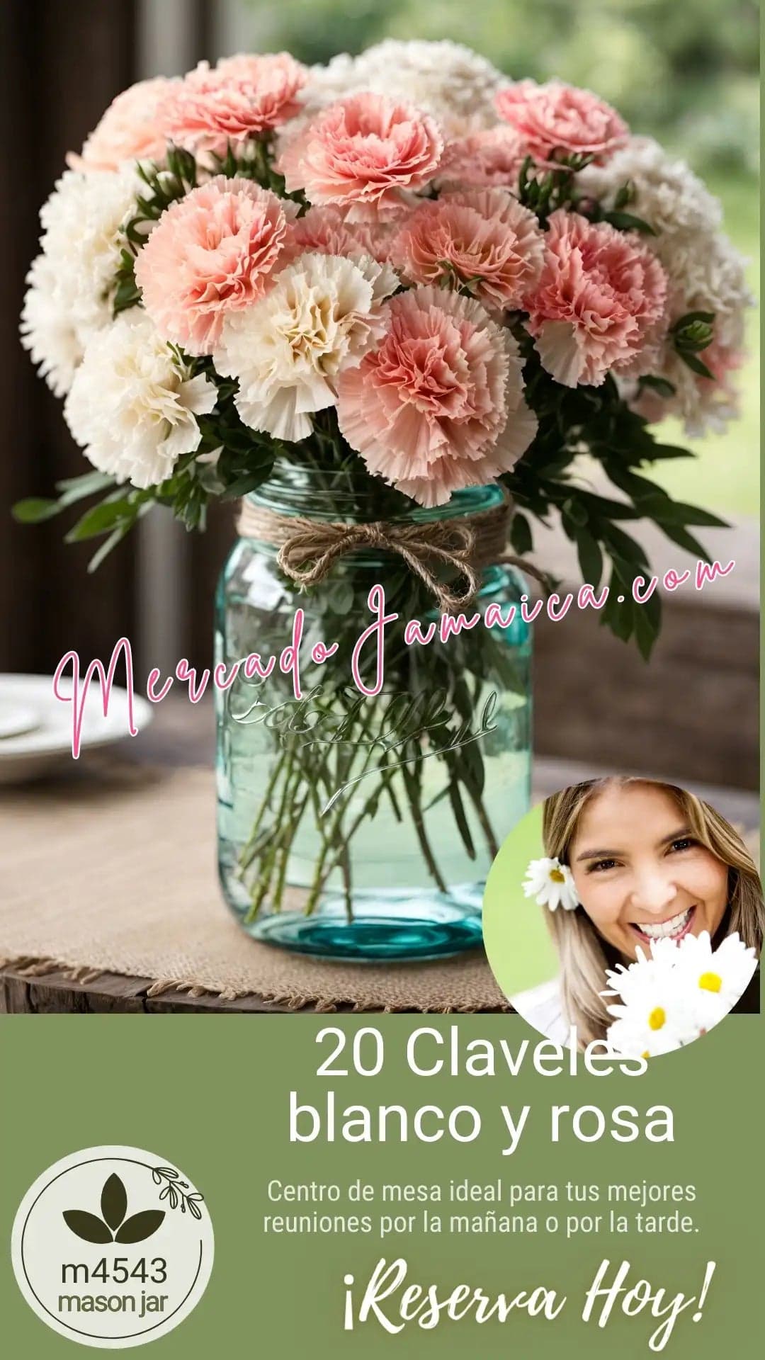 Centro de Mesa Mason Jar con Claveles Rosa y Blanco