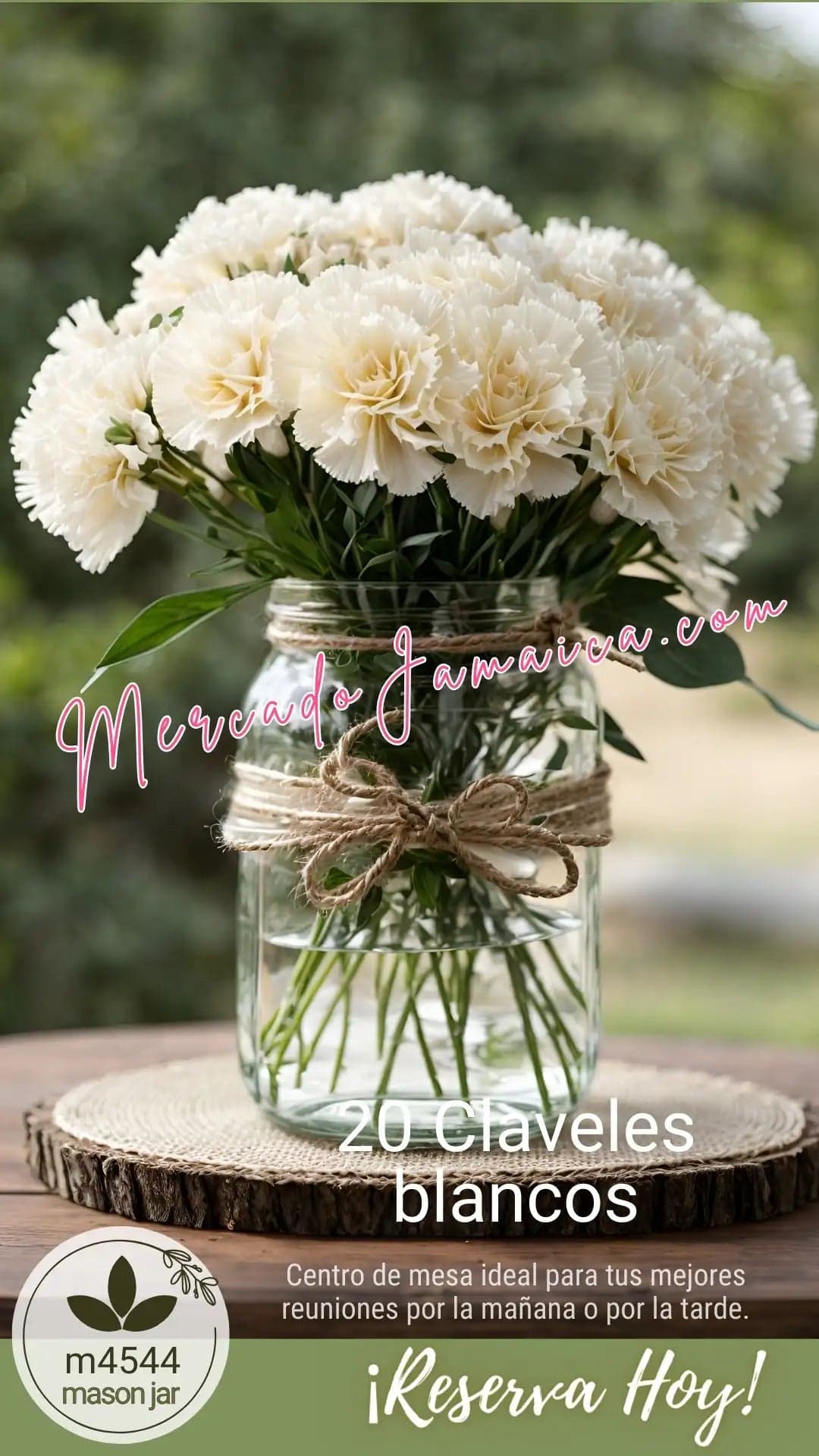 Centro de Mesa Mason Jar con Claveles Blancos