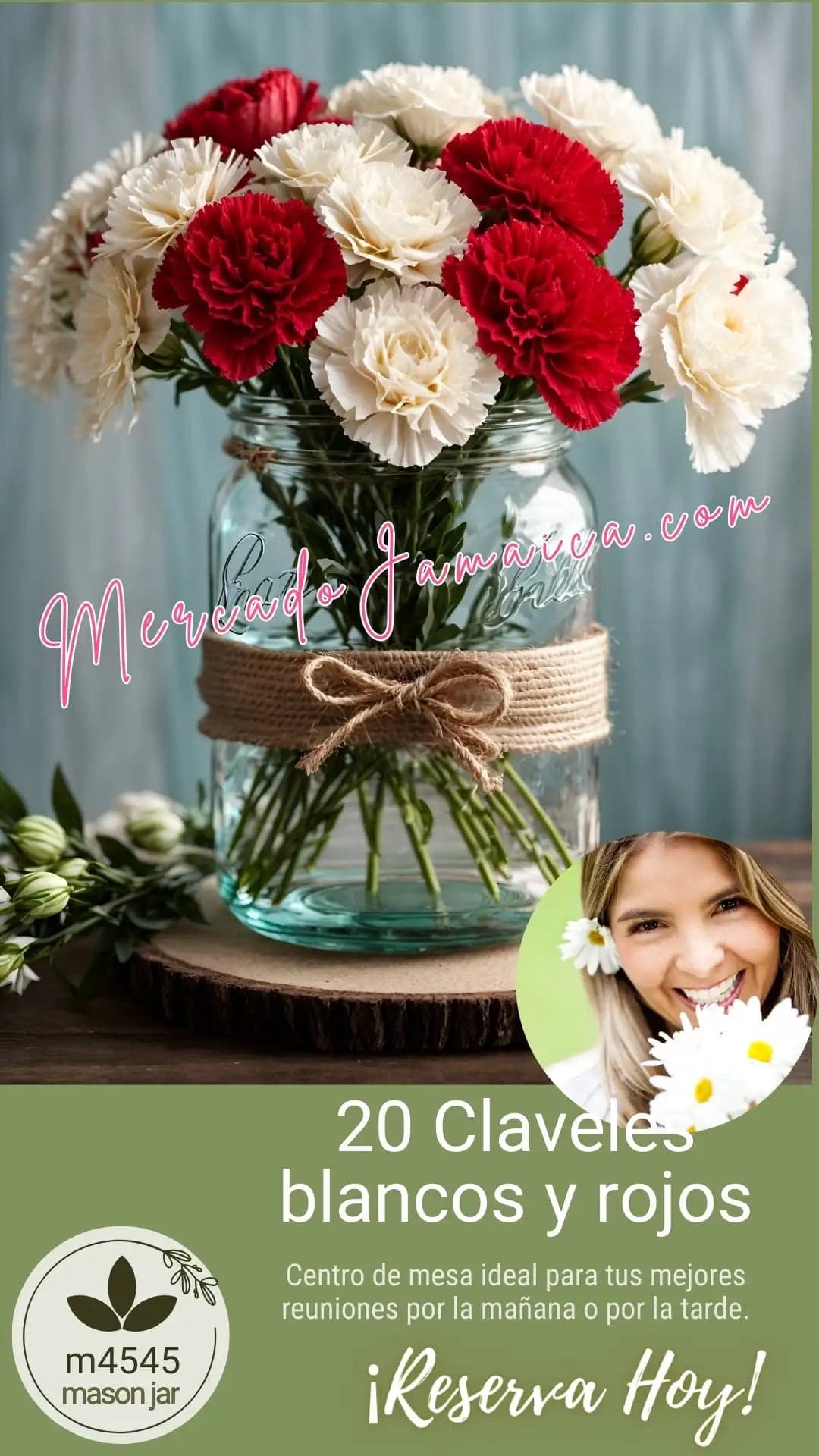 Centro de Mesa Mason Jar con Claveles Rojos y Blancos