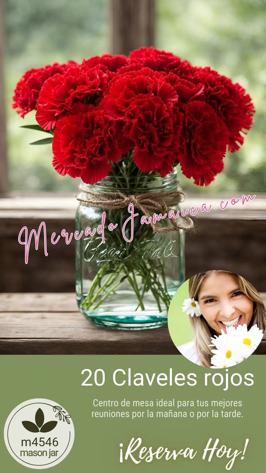 Centro de Mesa Mason Jar con Claveles Rojos