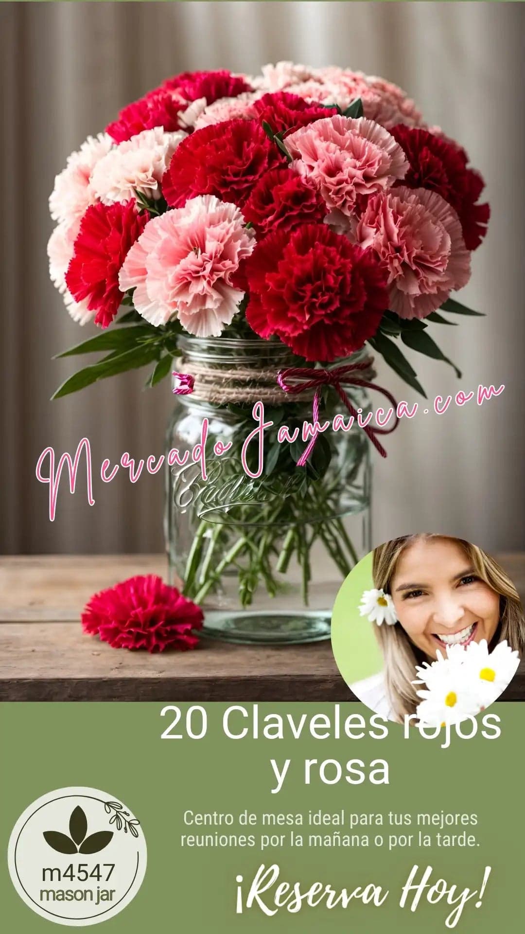 Centro de Mesa Mason Jar con Claveles Rojos y Rosa