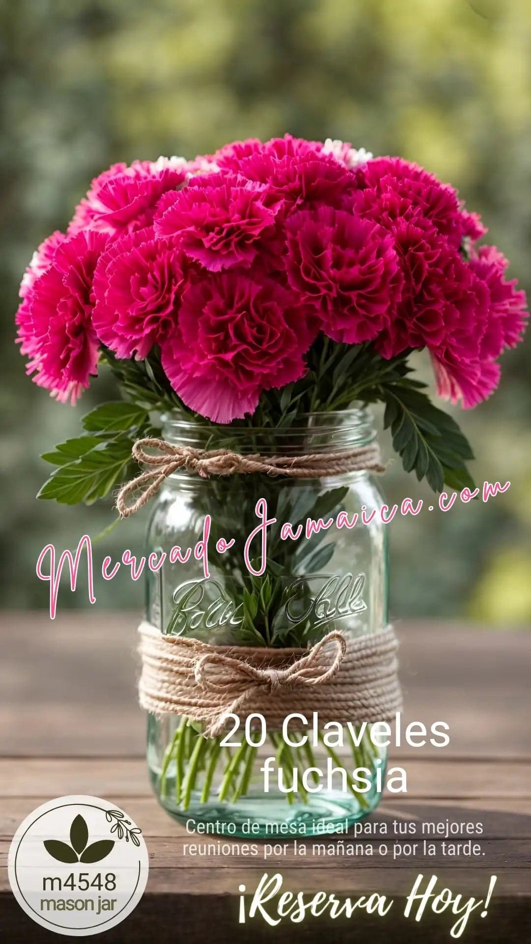 Centro de Mesa Mason Jar con Claveles Moraditos O Magenta