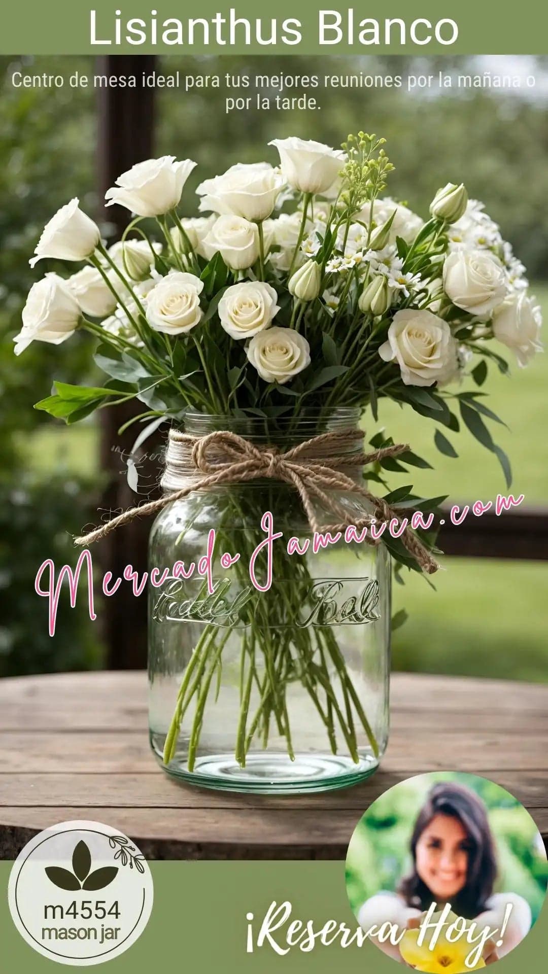 Centro de Mesa Mason Jar Lisianthus Blancos y Gypsophilia