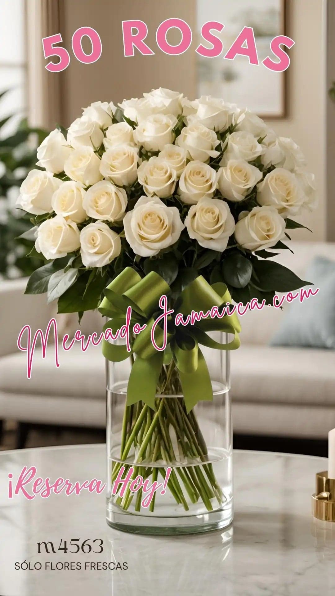 50 Rosas Blancas en Florero Cilíndrico | CDMX