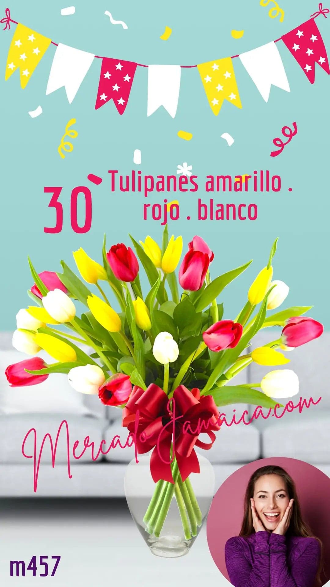 30 Tulipanes Jumbo Tricolor en Jarrón · CDMX