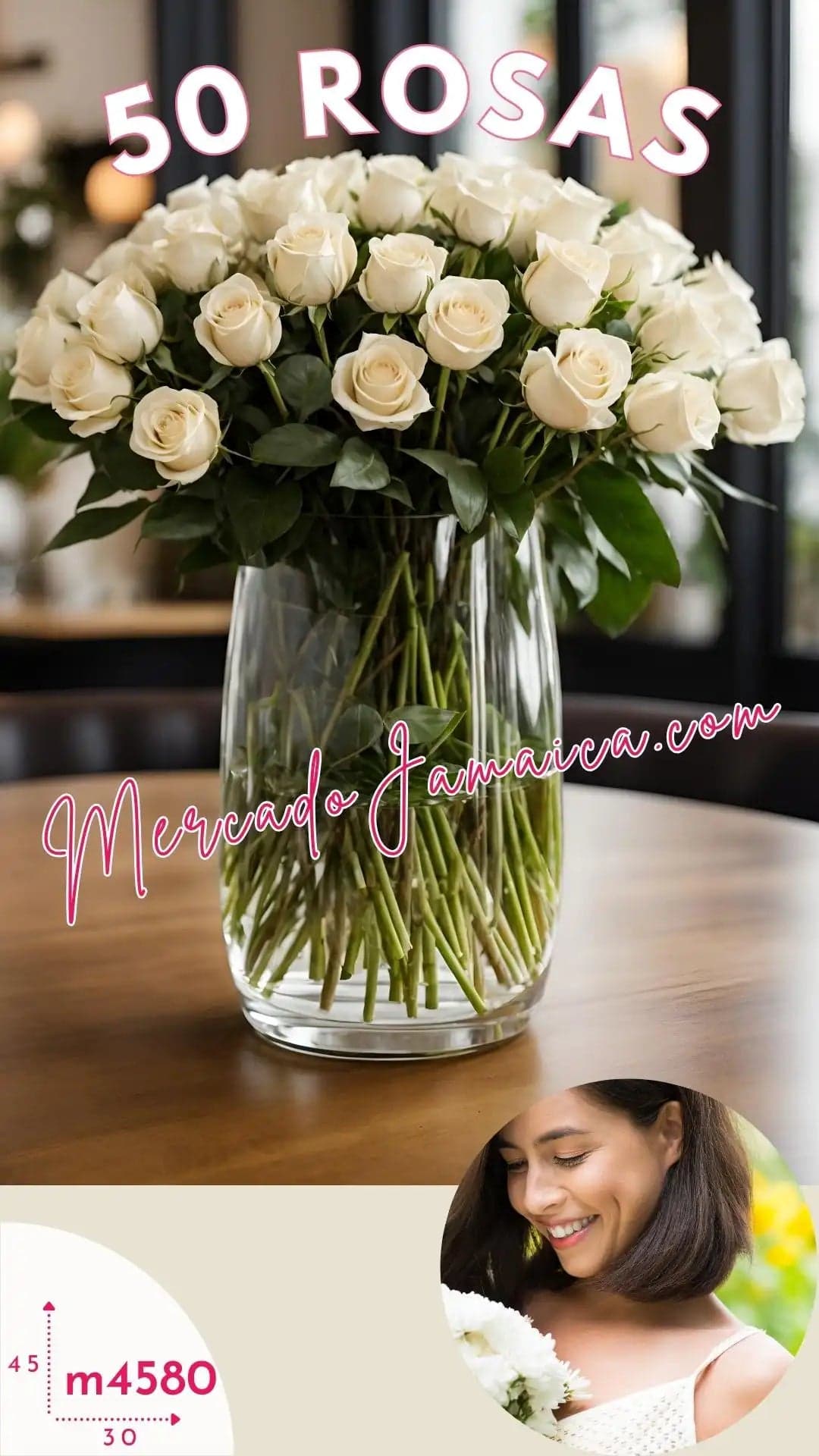 50 Rosas Blancas en Florero | Arreglo CDMX