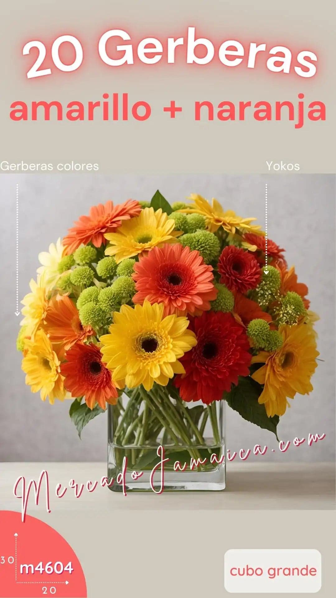 20 Gerberas Amarillas y Naranja con Yokos CDMX