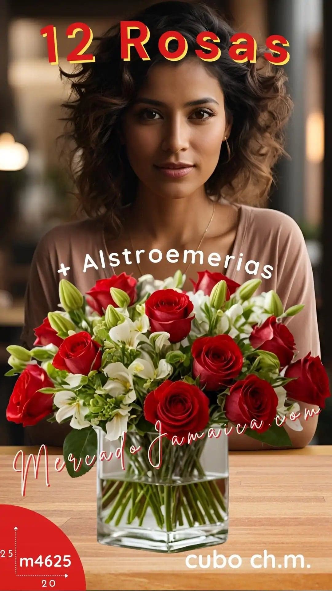 12 Rosas Rojas con Alstroemerias en Florero CDMX