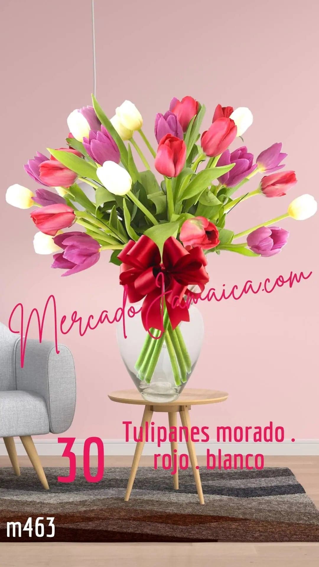 30 Tulipanes Morado, Rojo y Blanco en Jarrón CDMX