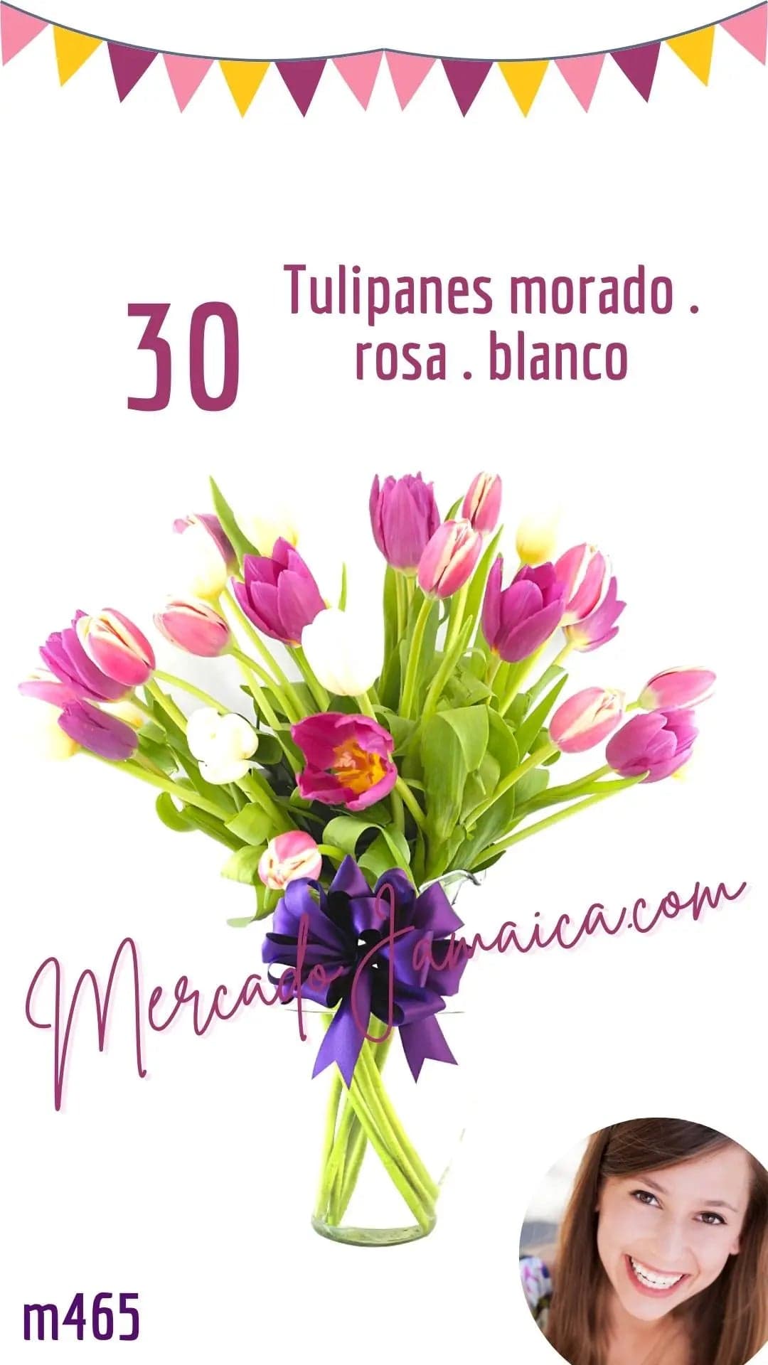 30 Tulipanes Morados, Rosa y Blancos en Jarrón CDMX