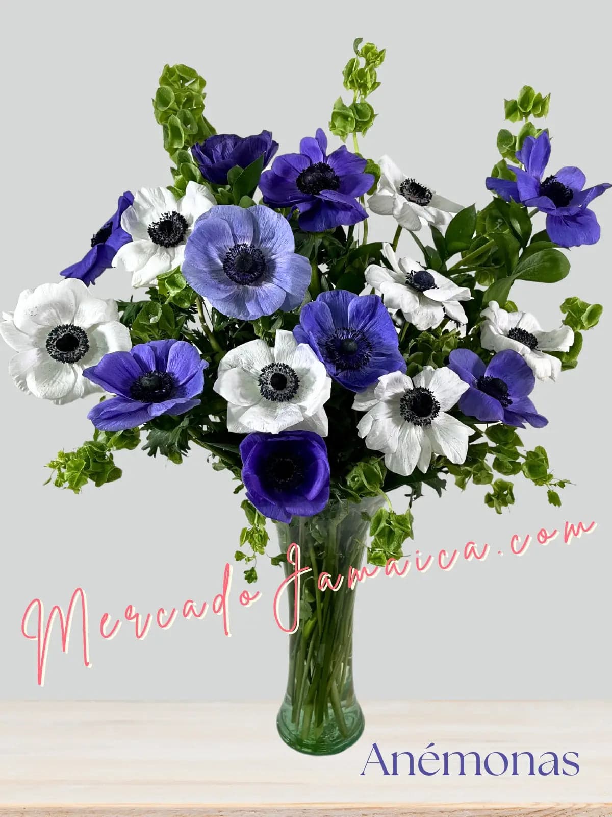 20 Anémonas Azules y Blancas con Florero CDMX