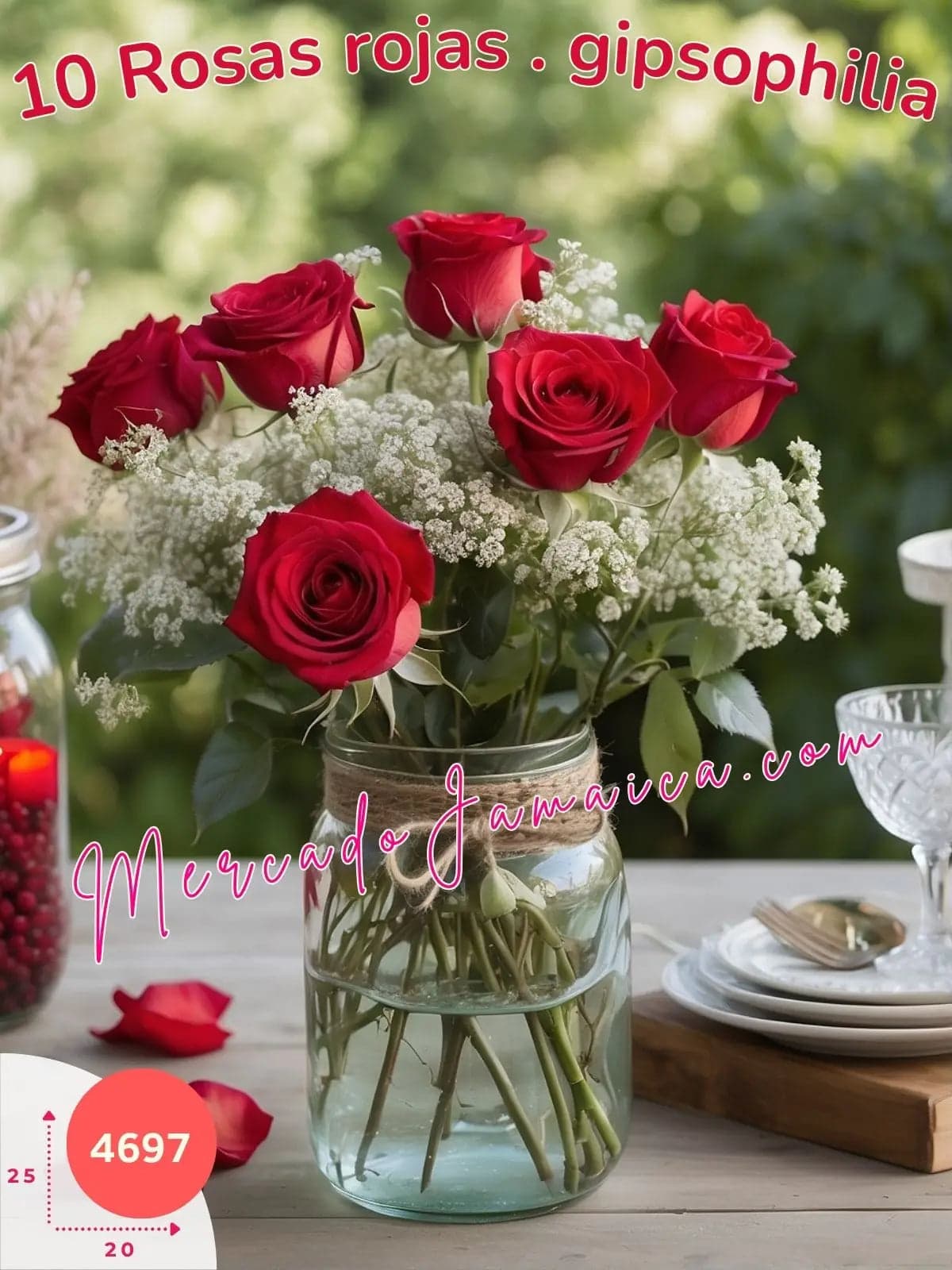 Centro de Mesa de Rosas Rojas y Gipsophilia en Florero Mason Jar México