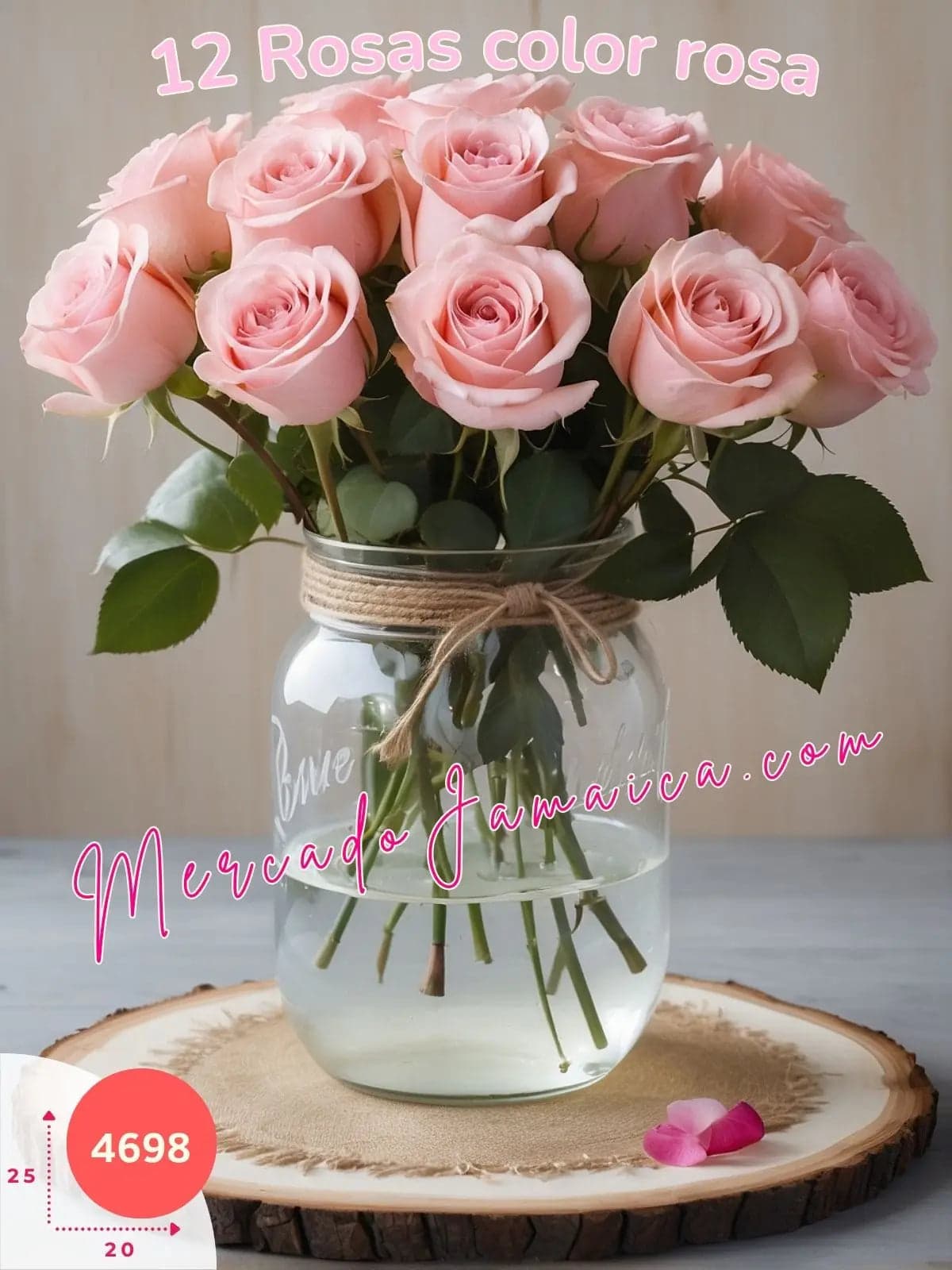 Centro de Mesa con 12 Rosas Color Rosa en Florero Mason Jar México