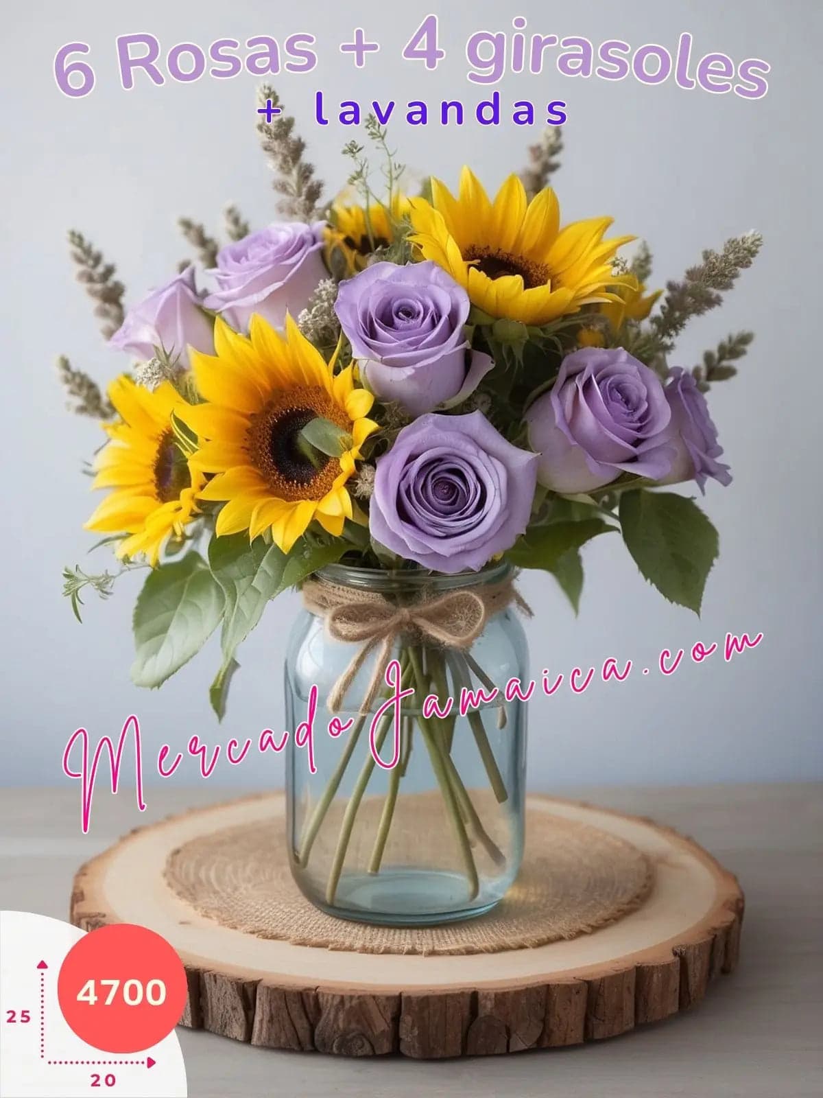 Centro de mesa de 6 rosas lila, acentos florales de flores lavanda y 4 girasoles en florero Mason Jar México