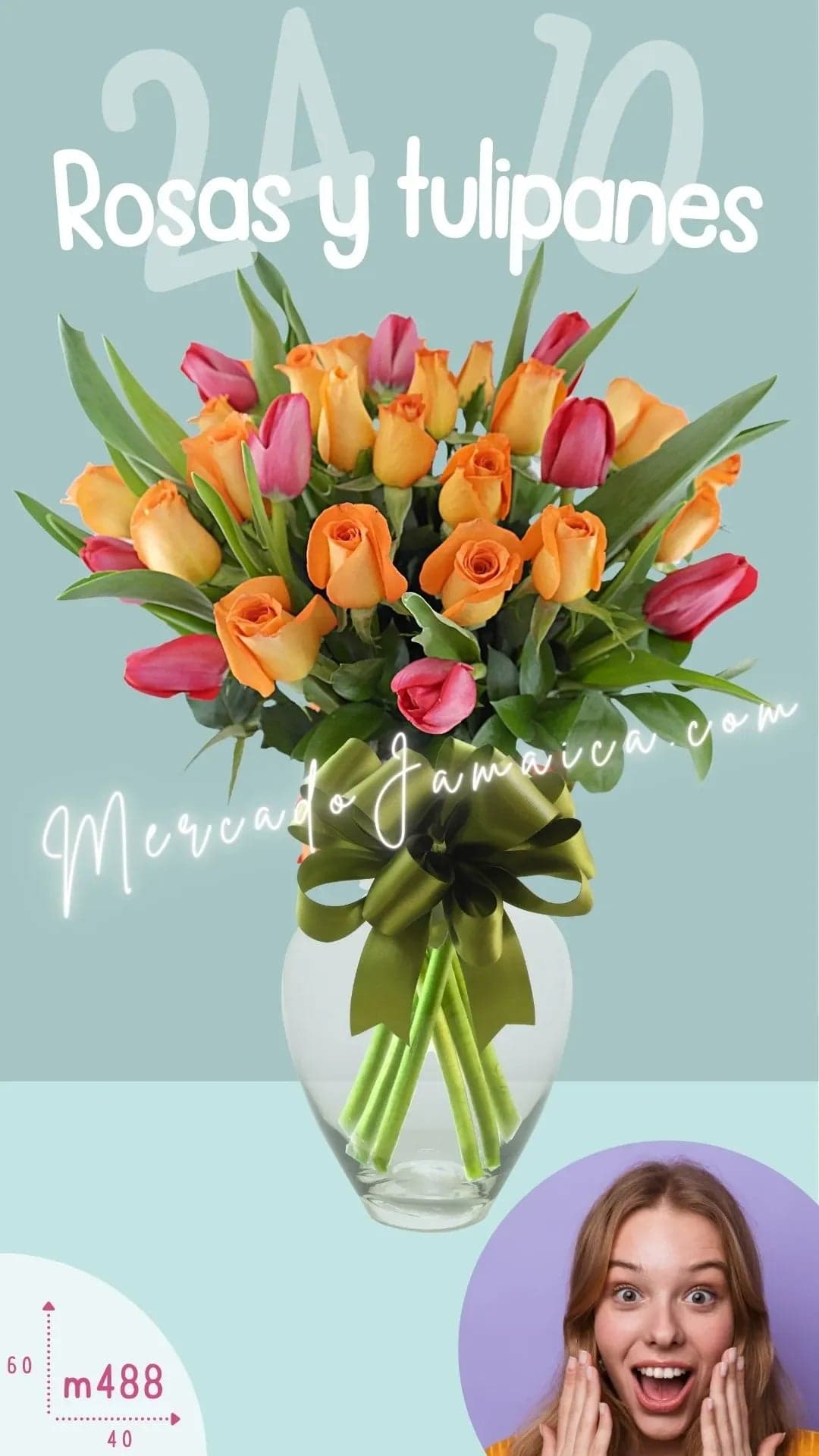 24 Rosas Naranja y 10 Tulipanes Rojos CDMX