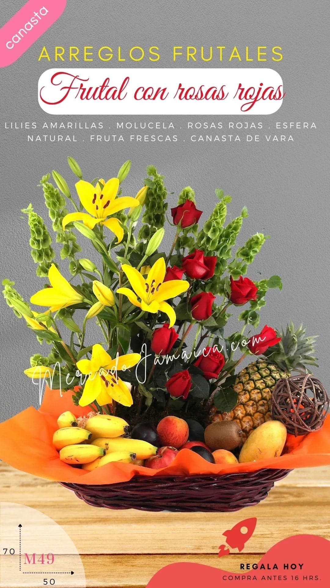 Canasta Frutal con 12 Rosas Rojas y Lilies CDMX