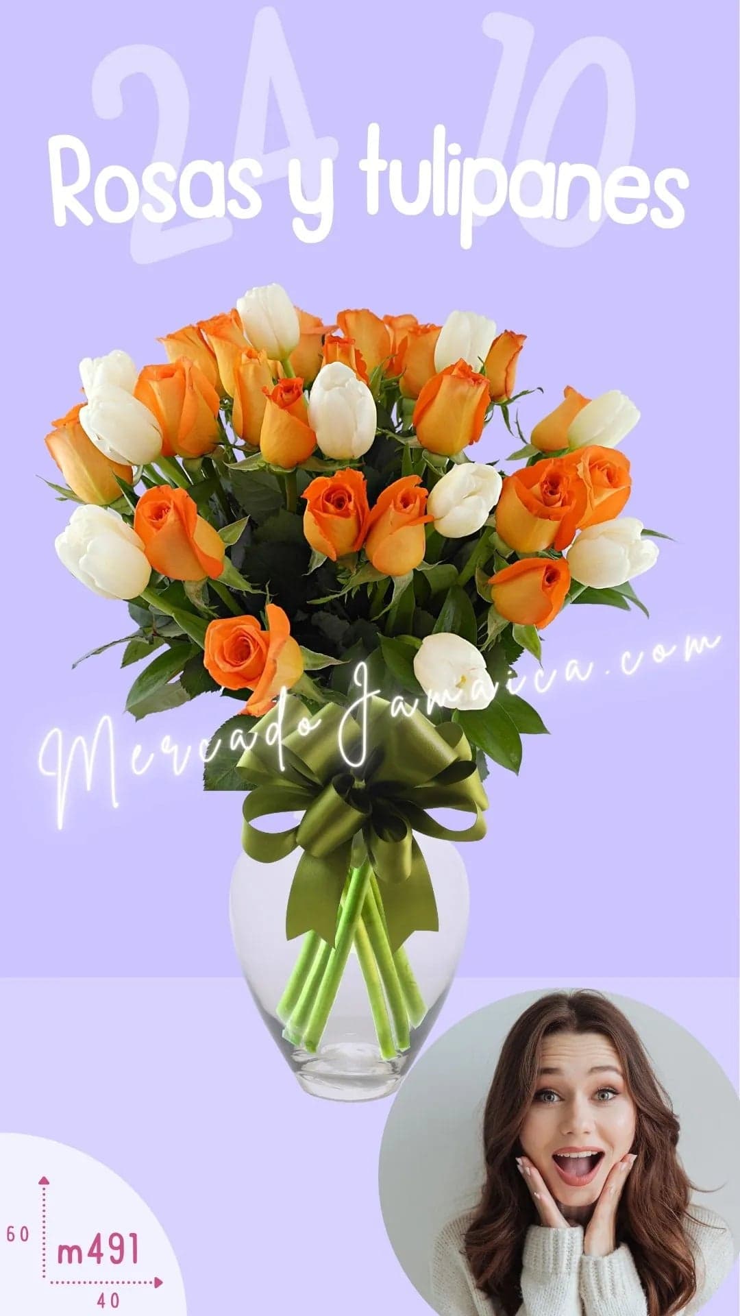 24 Rosas Naranja y 10 Tulipanes Blancos CDMX