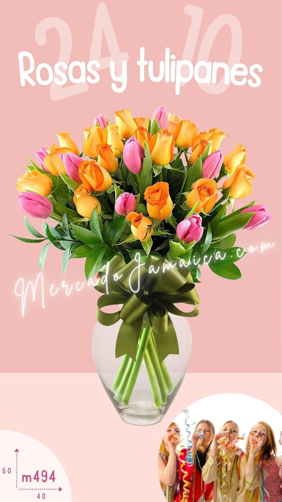 10 Tulipanes Rosa y 24 Rosas Naranja en Jarrón CDMX