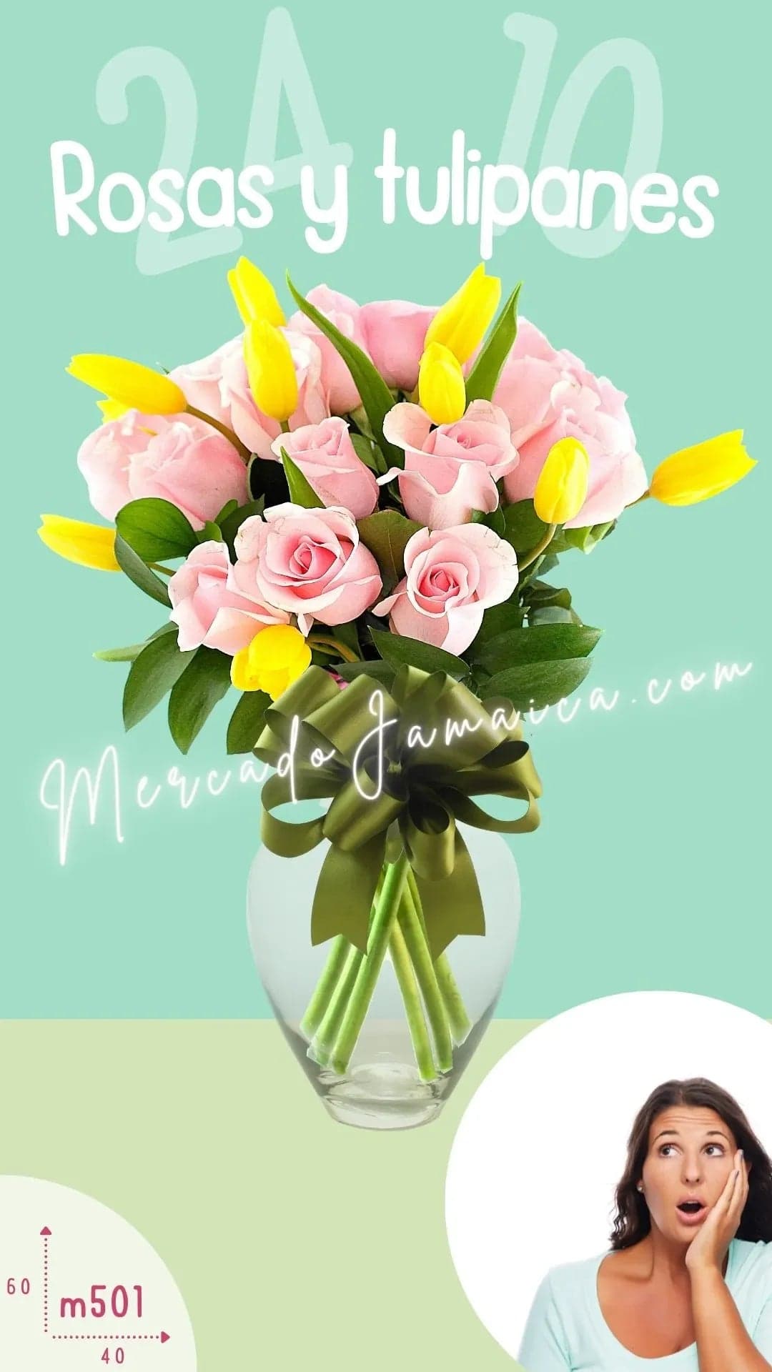 10 Tulipanes Amarillos y 24 Rosas Rosas CDMX