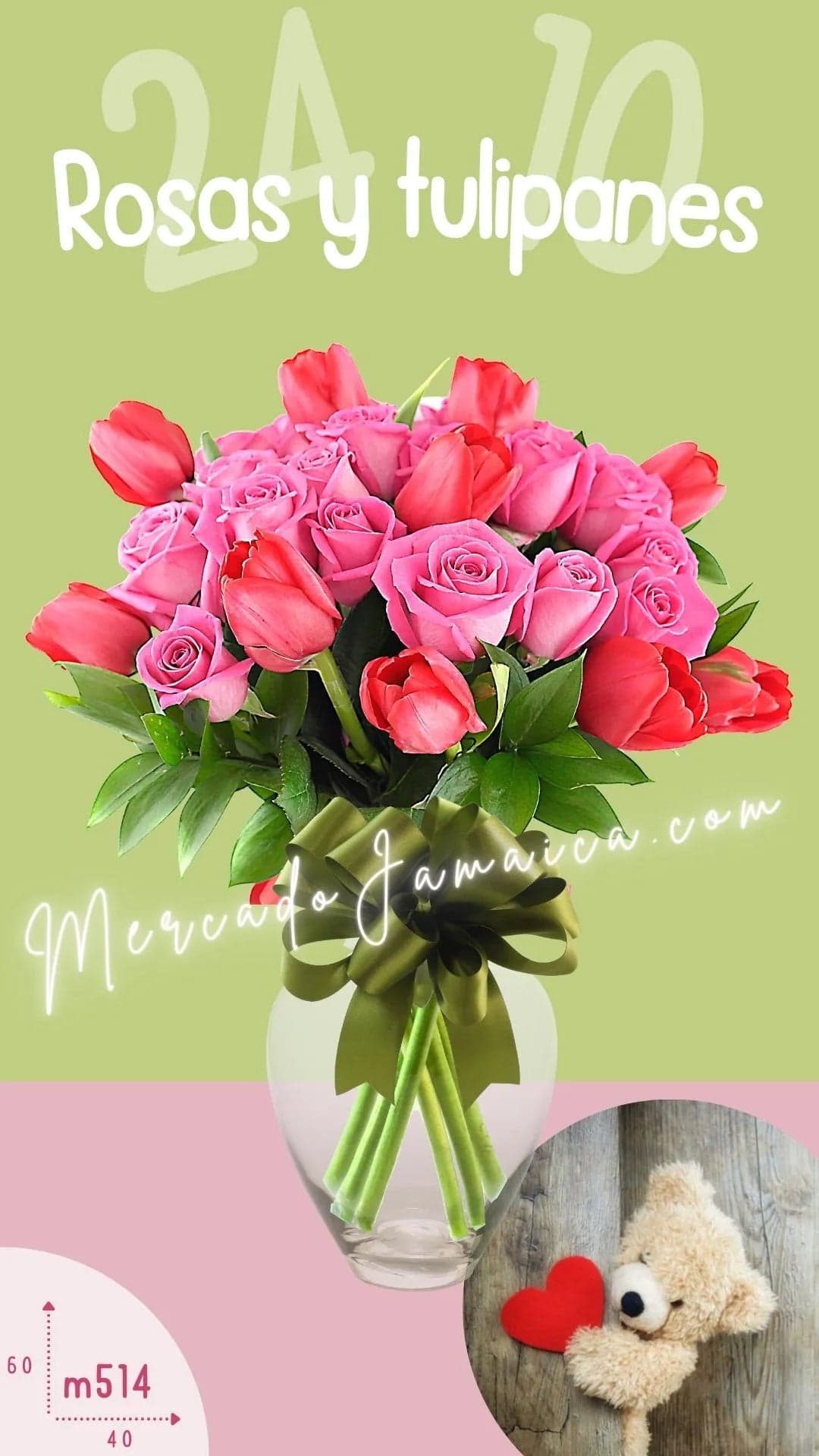 10 Tulipanes Rojos y 24 Rosas Lila en Jarrón CDMX