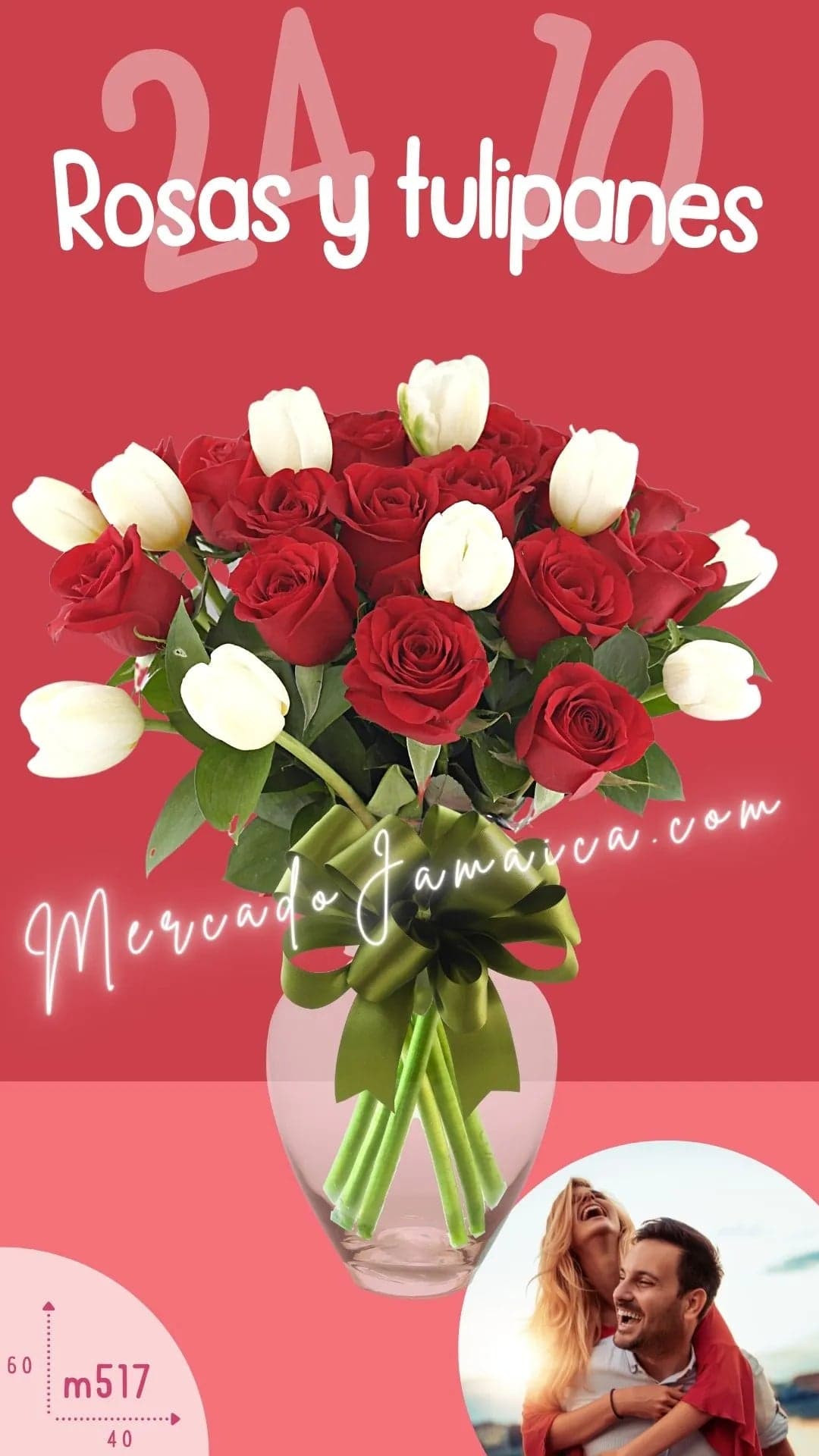 24 Rosas Rojas Tommy y 10 Tulipanes Blancos CDMX
