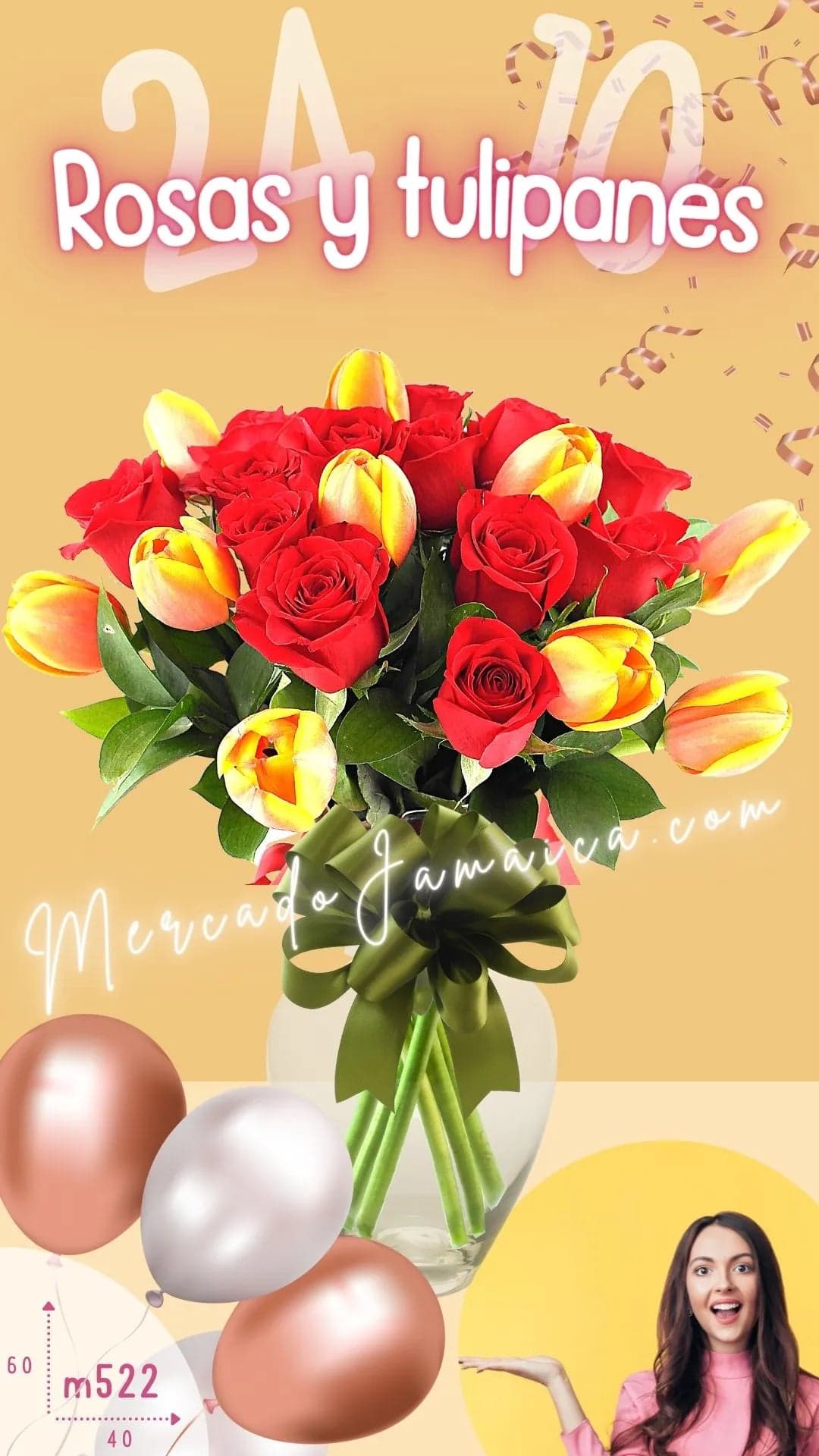 24 Rosas Rojas y 10 Tulipanes Naranja en Jarrón