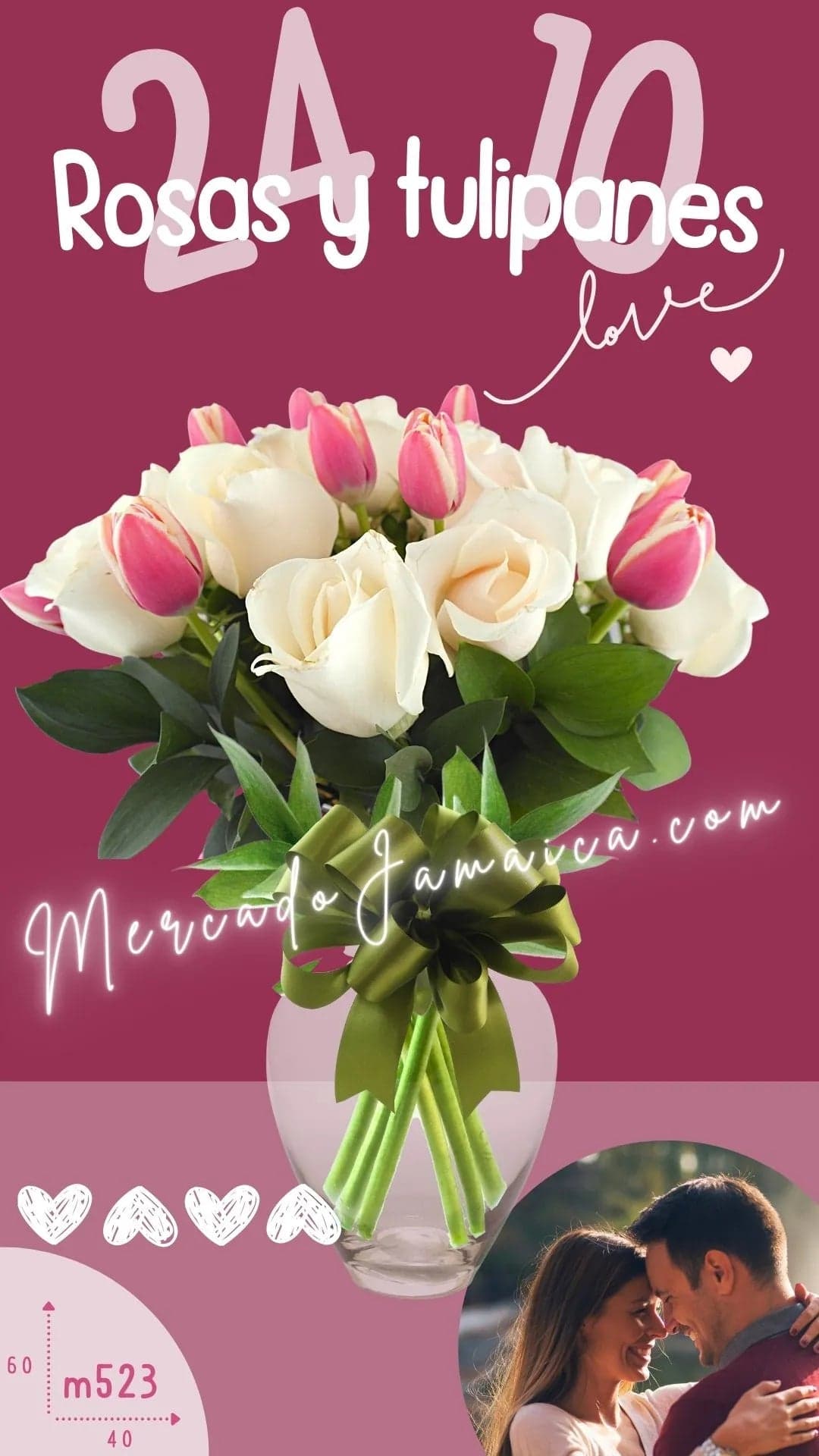 10 Tulipanes Rosa y 24 Rosas Blancas en Jarrón CDMX